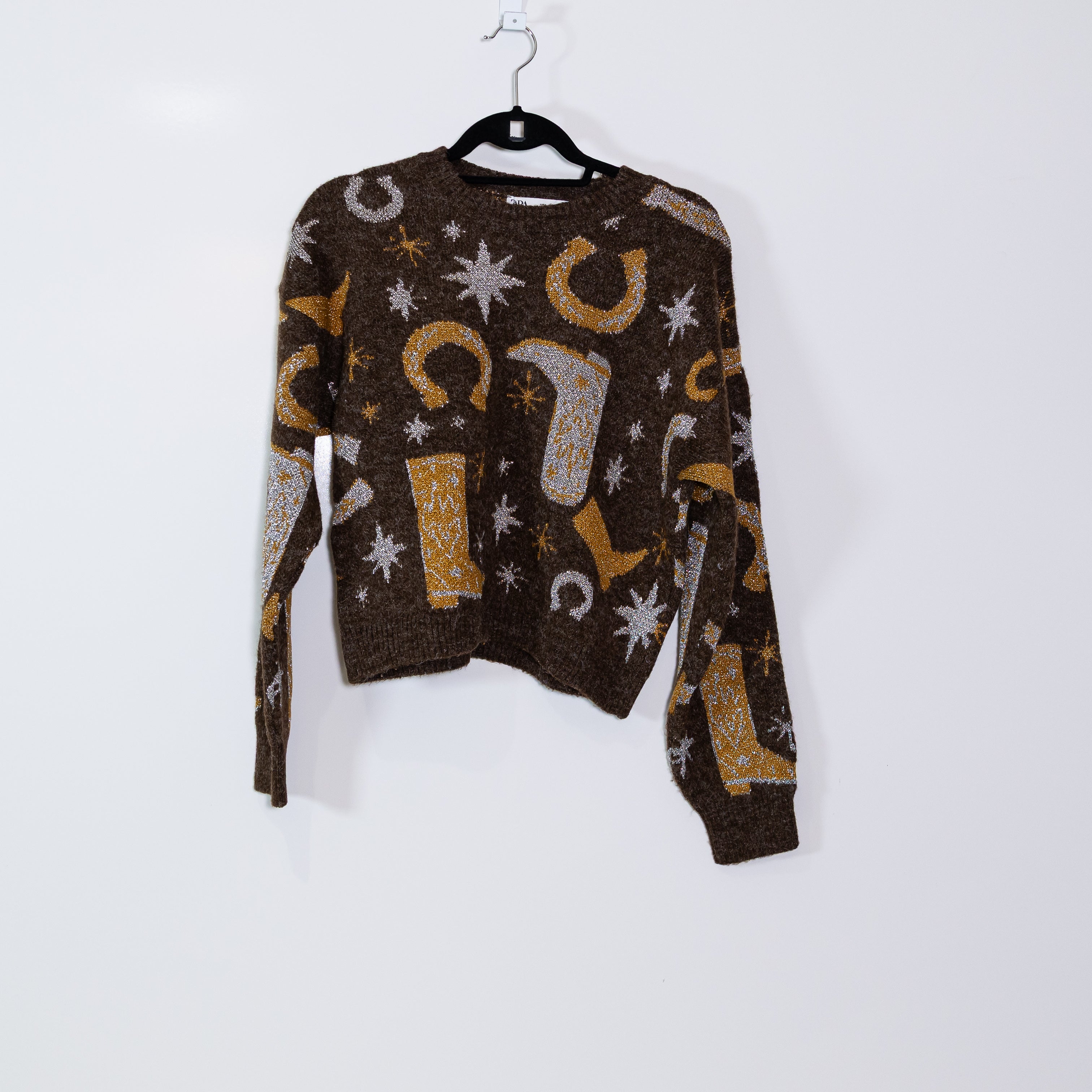 Zara Western Cowboy Boot Horseshoe Star Print Metallic Stretch Knit Sweater S