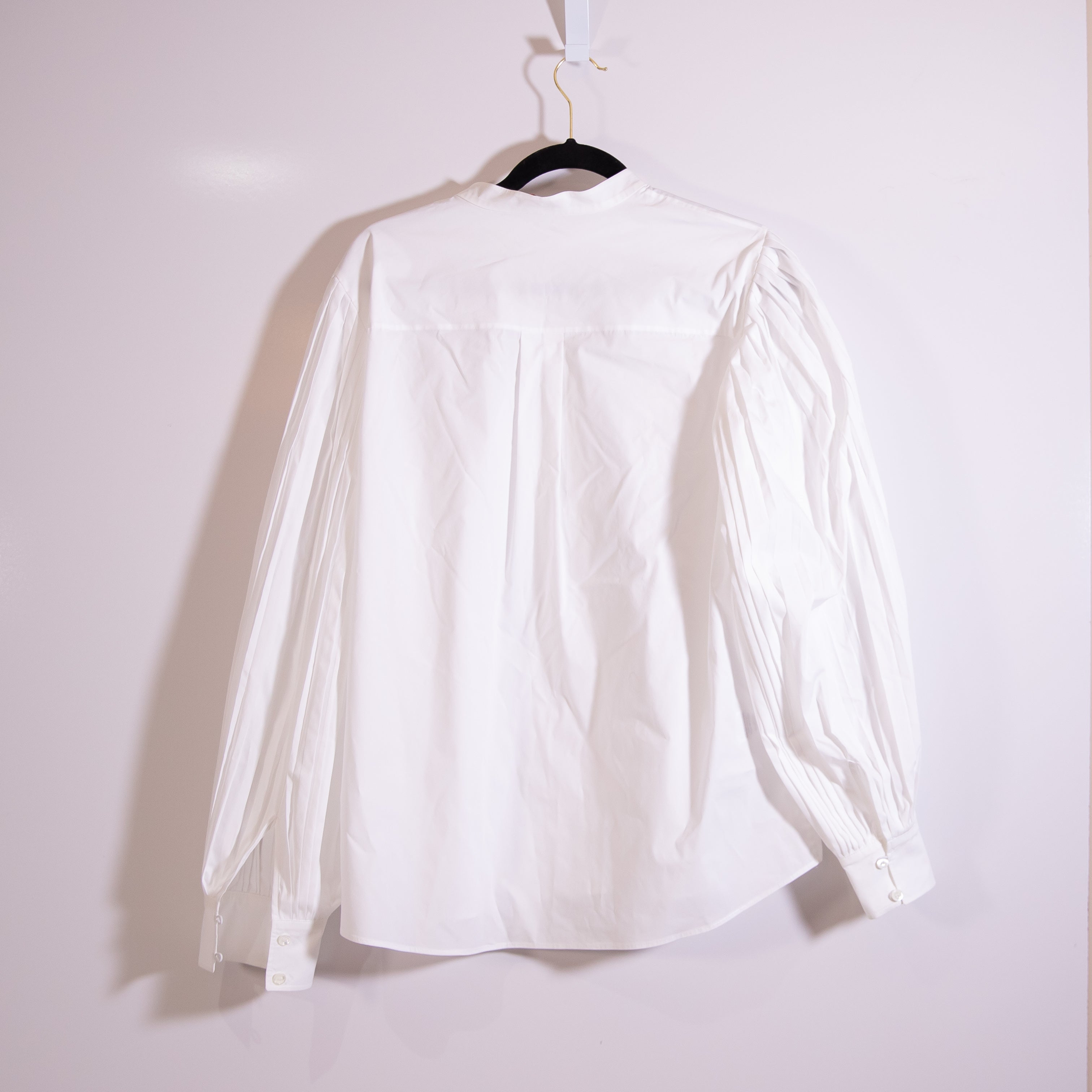 Altuzarra Cotton Poplin Mock Neck Pleated Long Sleeve Button Front Blouse Shirt