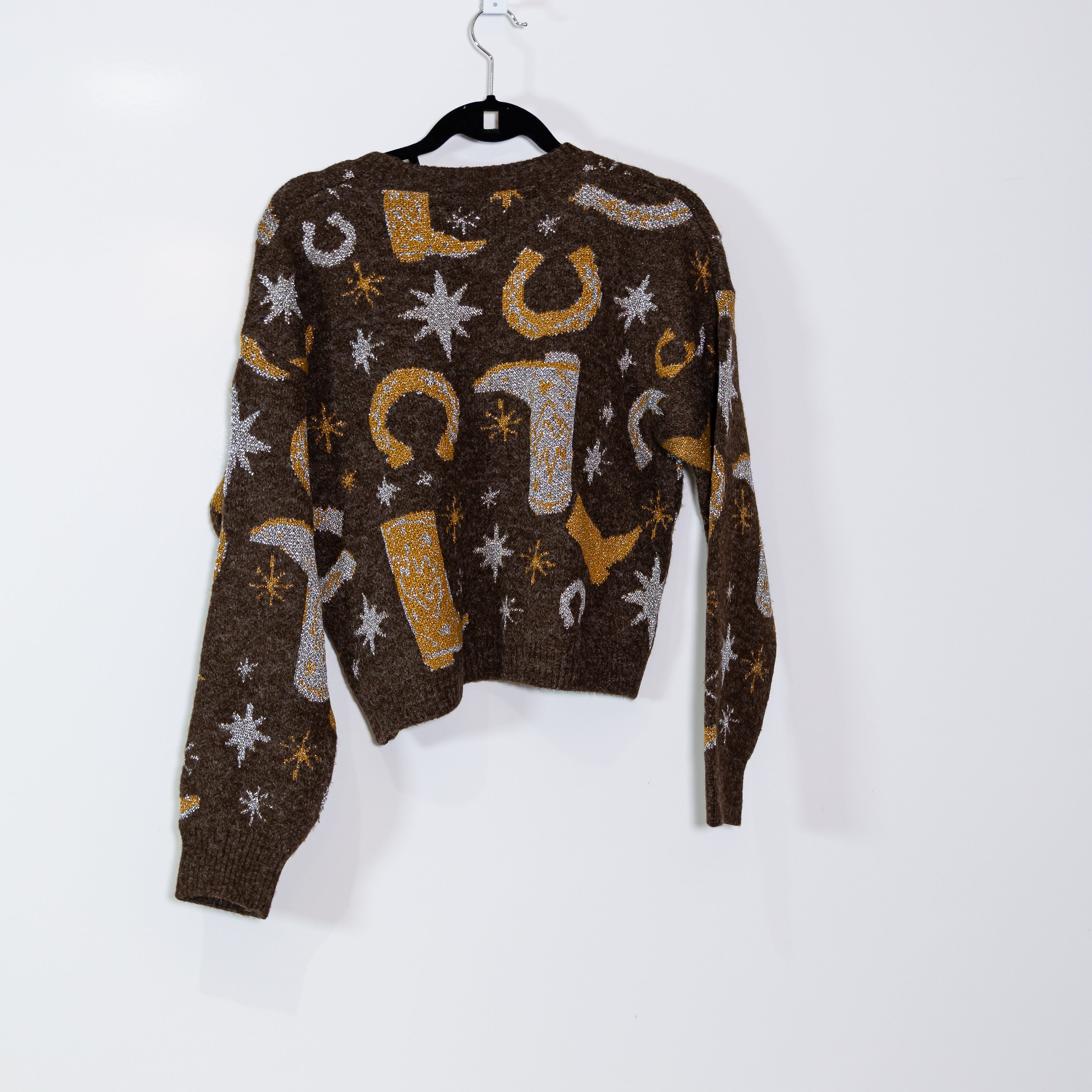 Zara Western Cowboy Boot Horseshoe Star Print Metallic Stretch Knit Sweater S