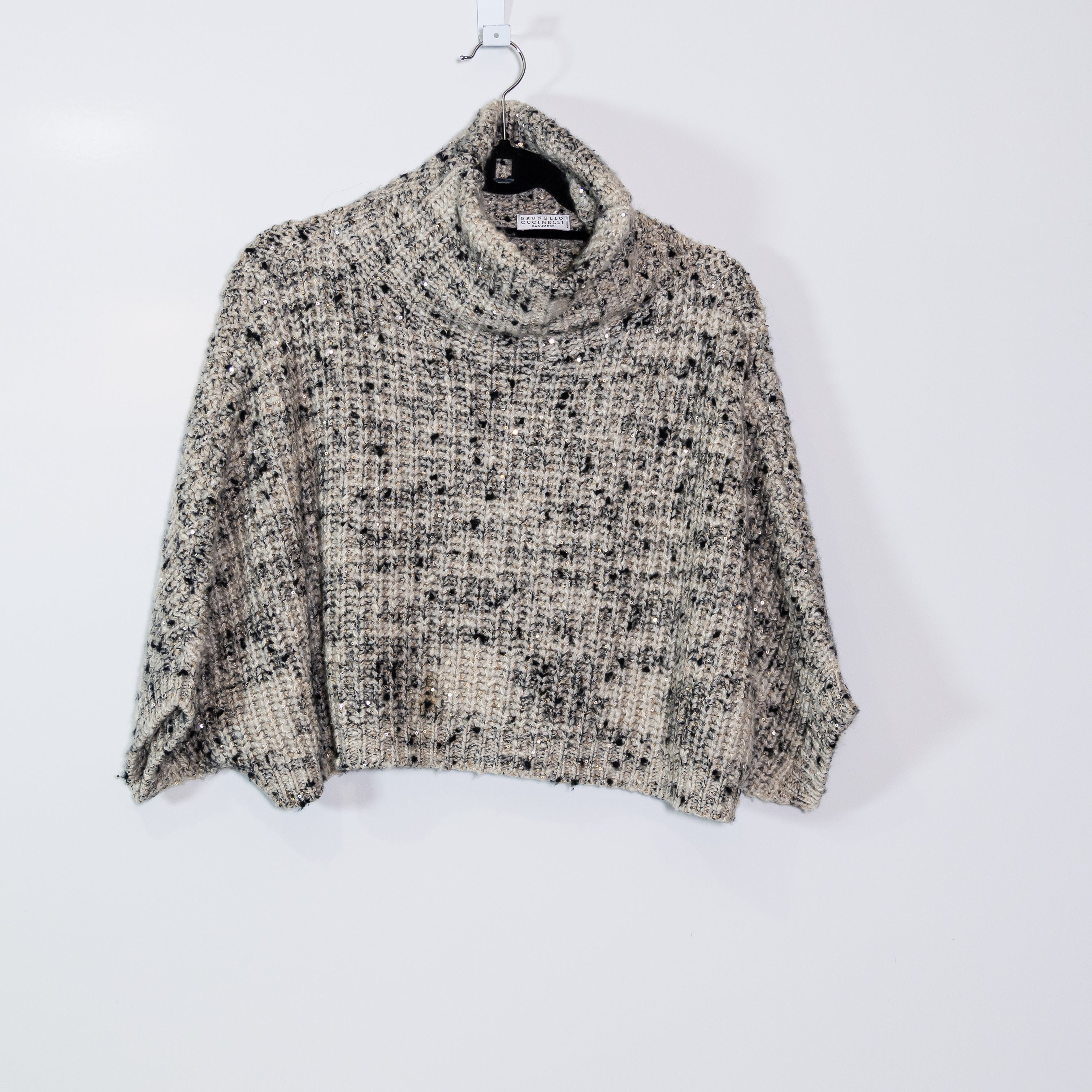 Brunello Cucinelli Cashmere Silk Sequin Knit Turtleneck Boxy Sweater Marled Gray