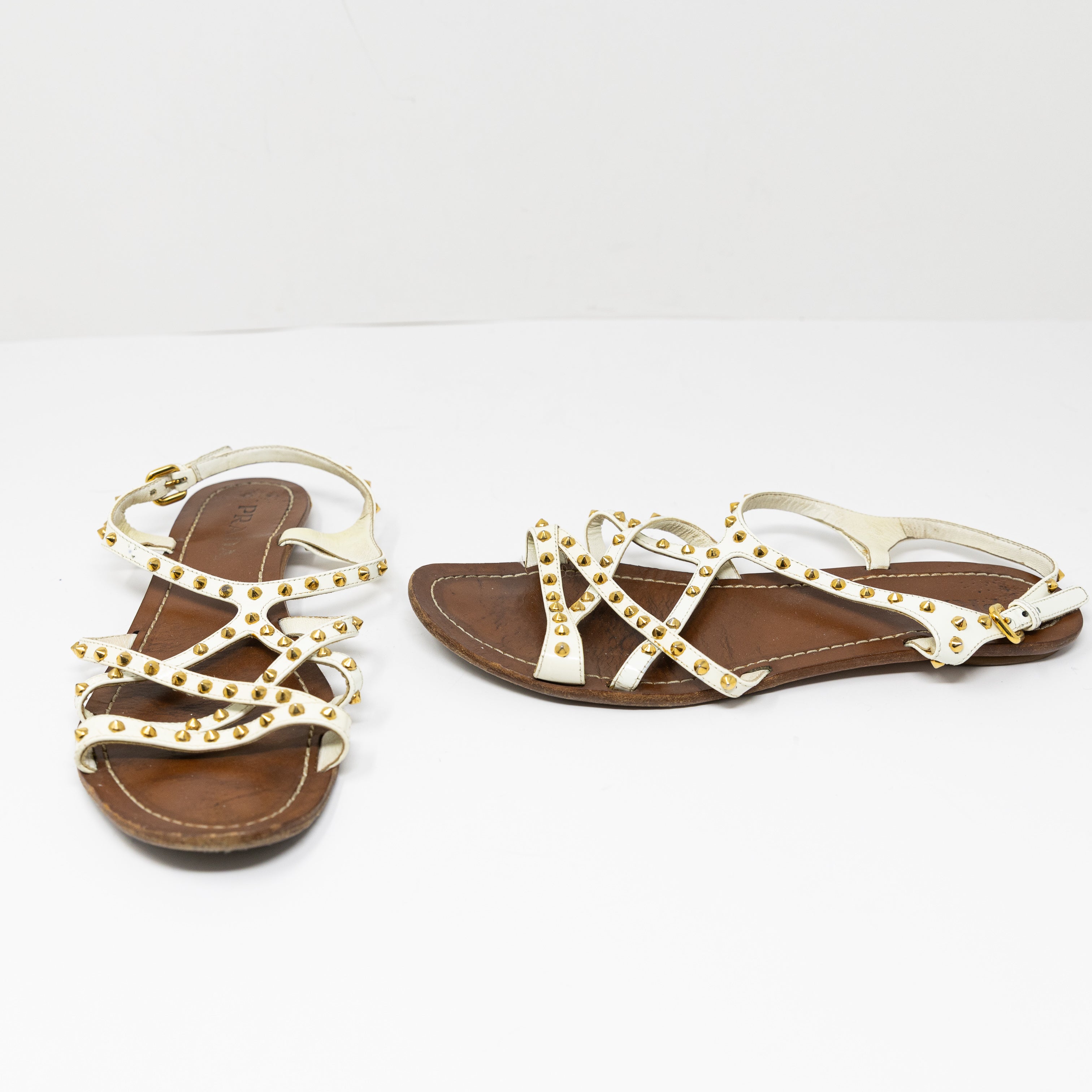 Prada Made In Italy Genuine Leather Studded Embellished Open Toe Flat Sandals