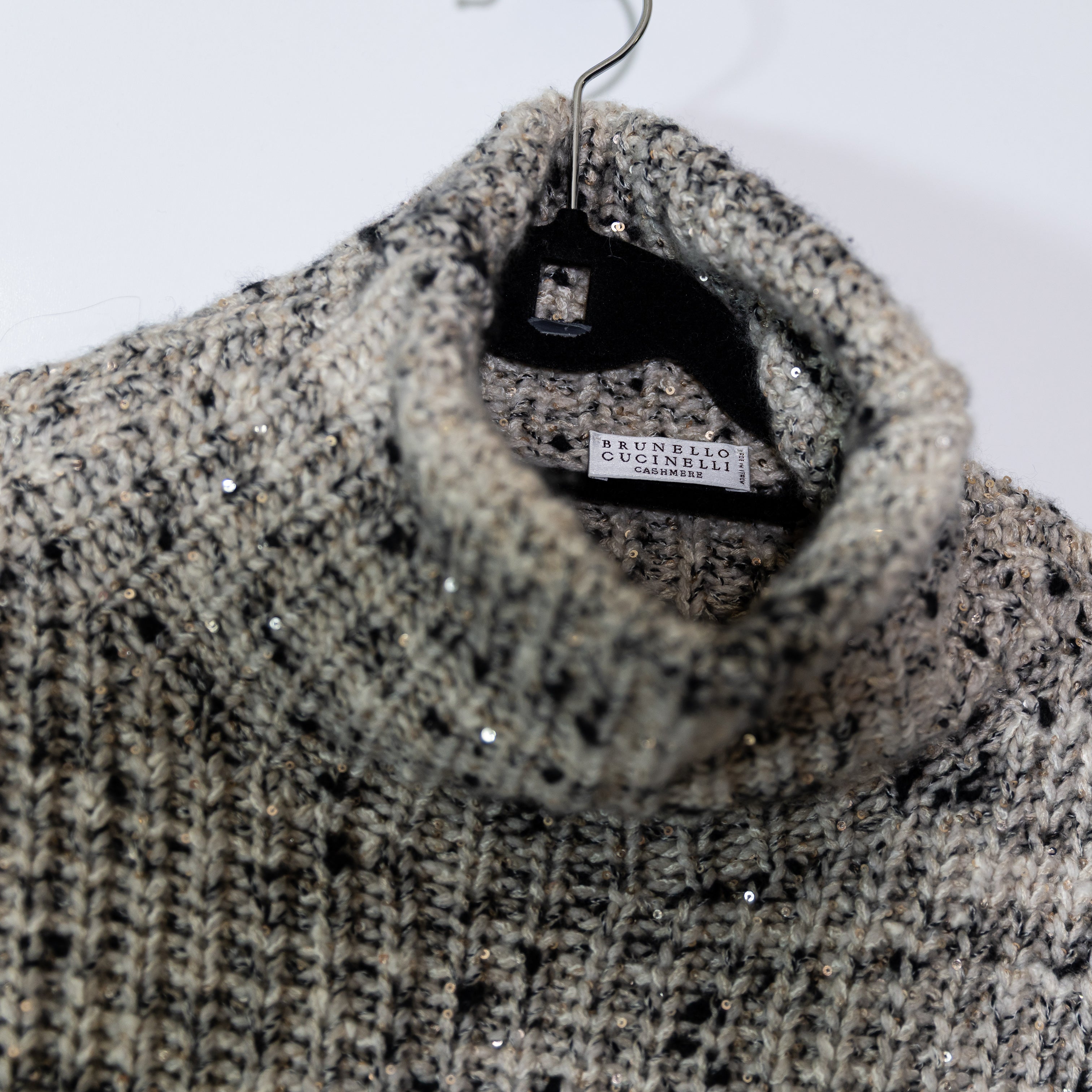 Brunello Cucinelli Cashmere Silk Sequin Knit Turtleneck Boxy Sweater Marled Gray
