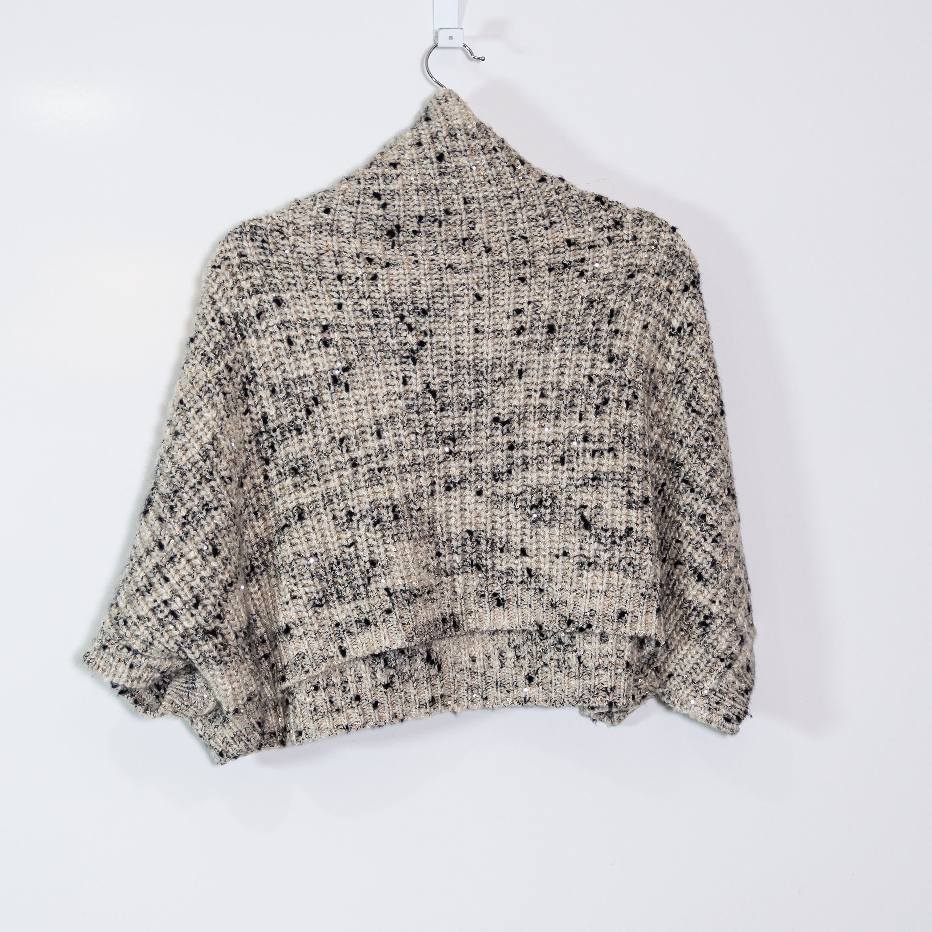 Brunello Cucinelli Cashmere Silk Sequin Knit Turtleneck Boxy Sweater Marled Gray