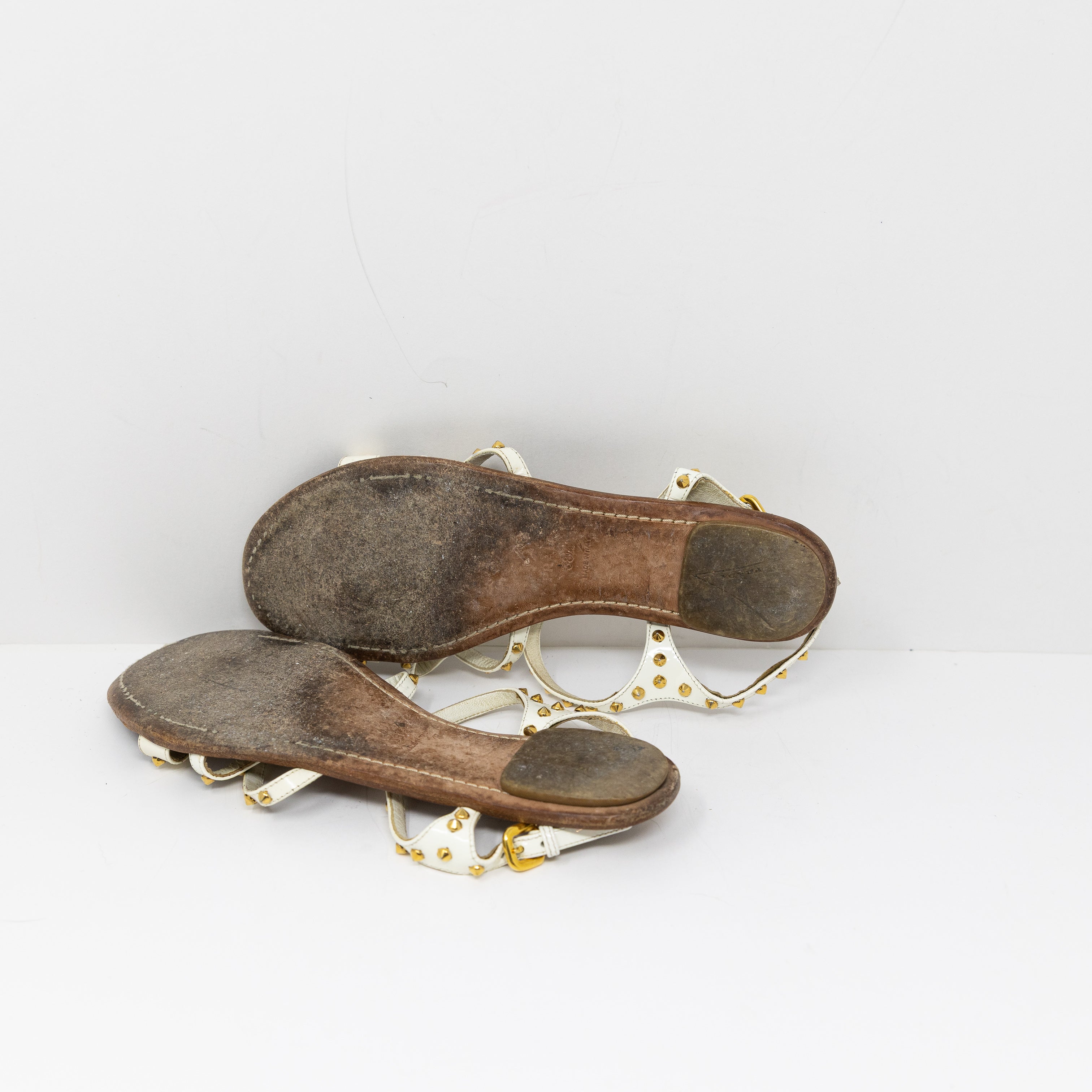 Prada Made In Italy Genuine Leather Studded Embellished Open Toe Flat Sandals