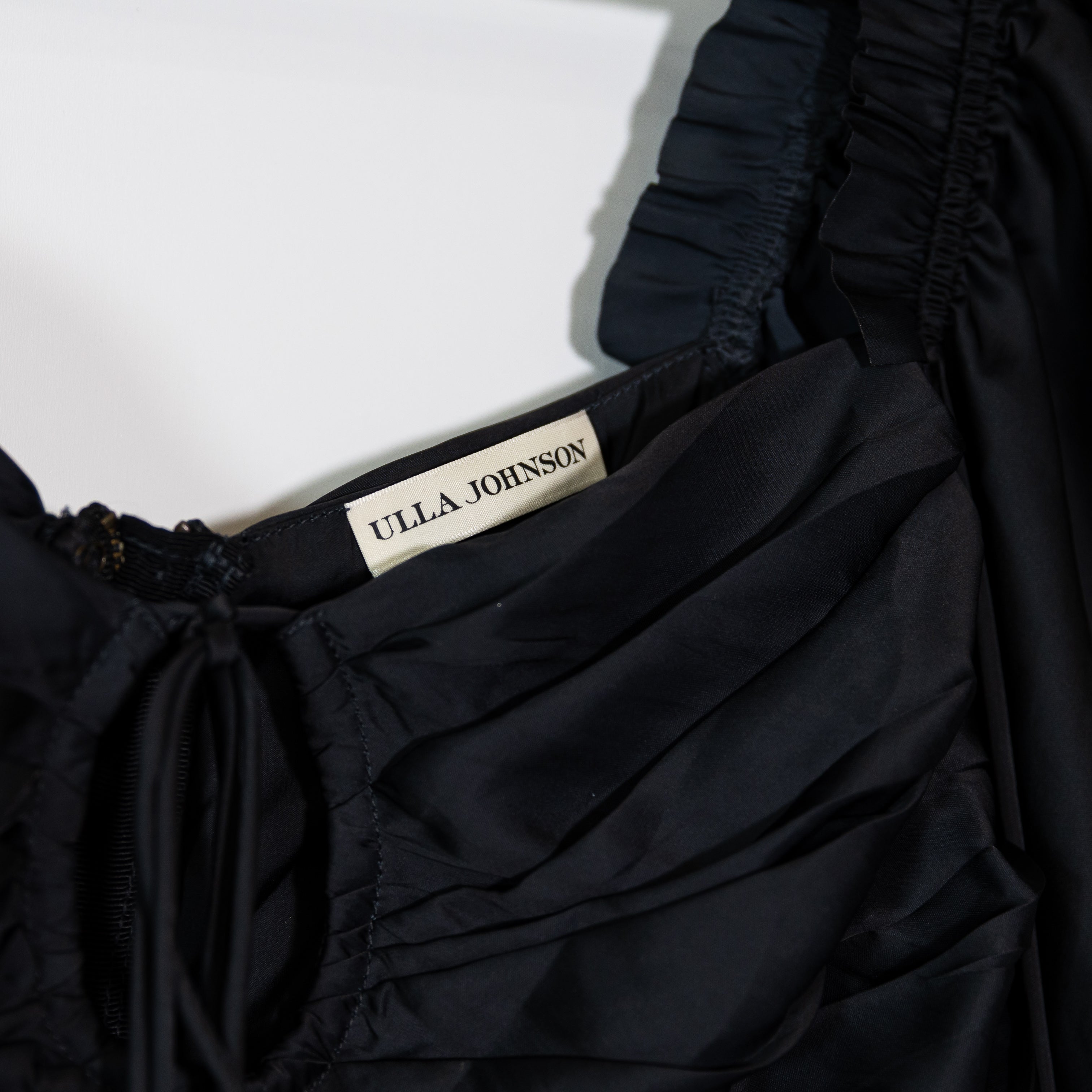 Ulla Johnson Mirelle Satin Ruched Ruffle Long Sleeve Blouse Top Noir Black 4