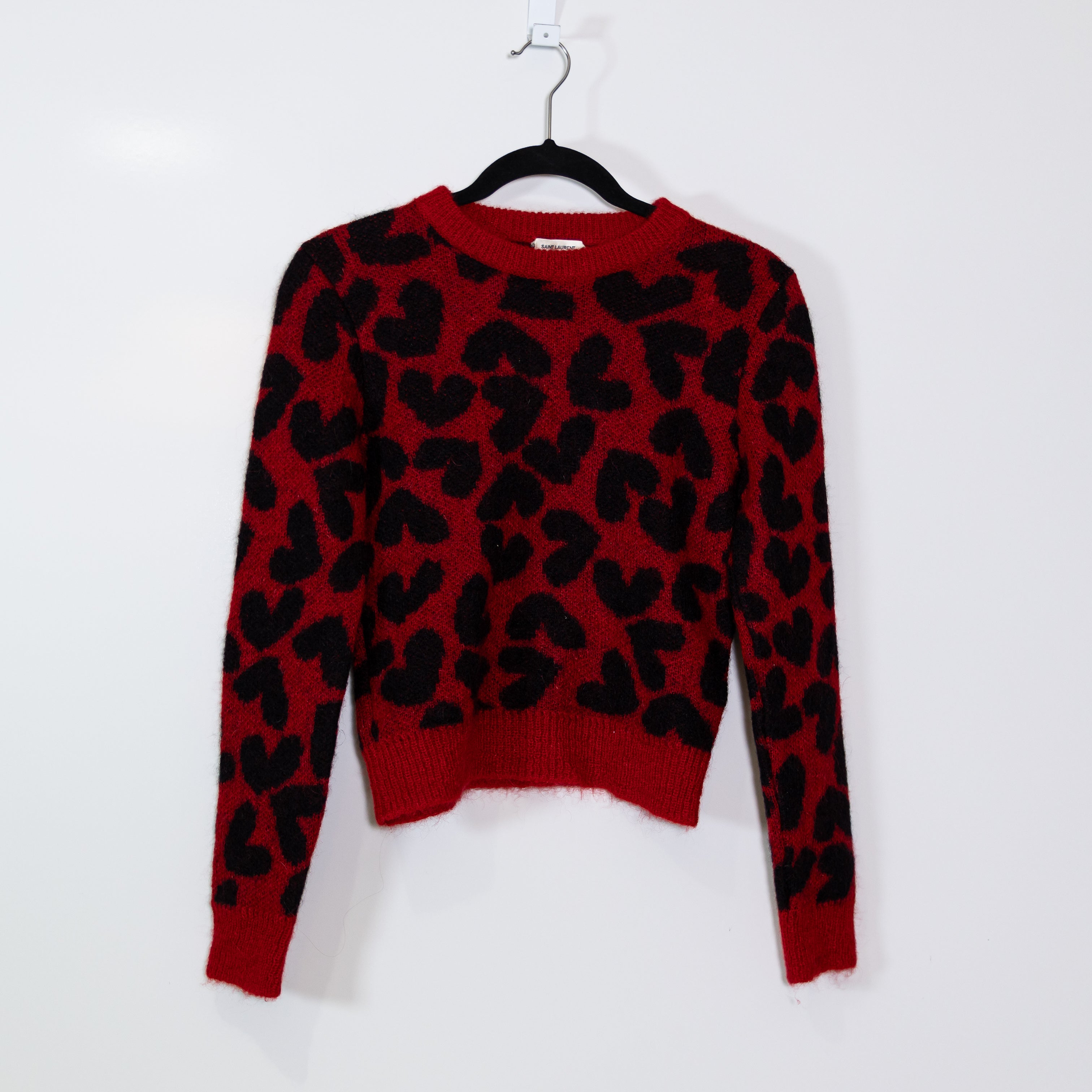 SAINT LAURENT Paris Wool Mohair Knit Heart Print Pattern Crew Neck Sweater Red