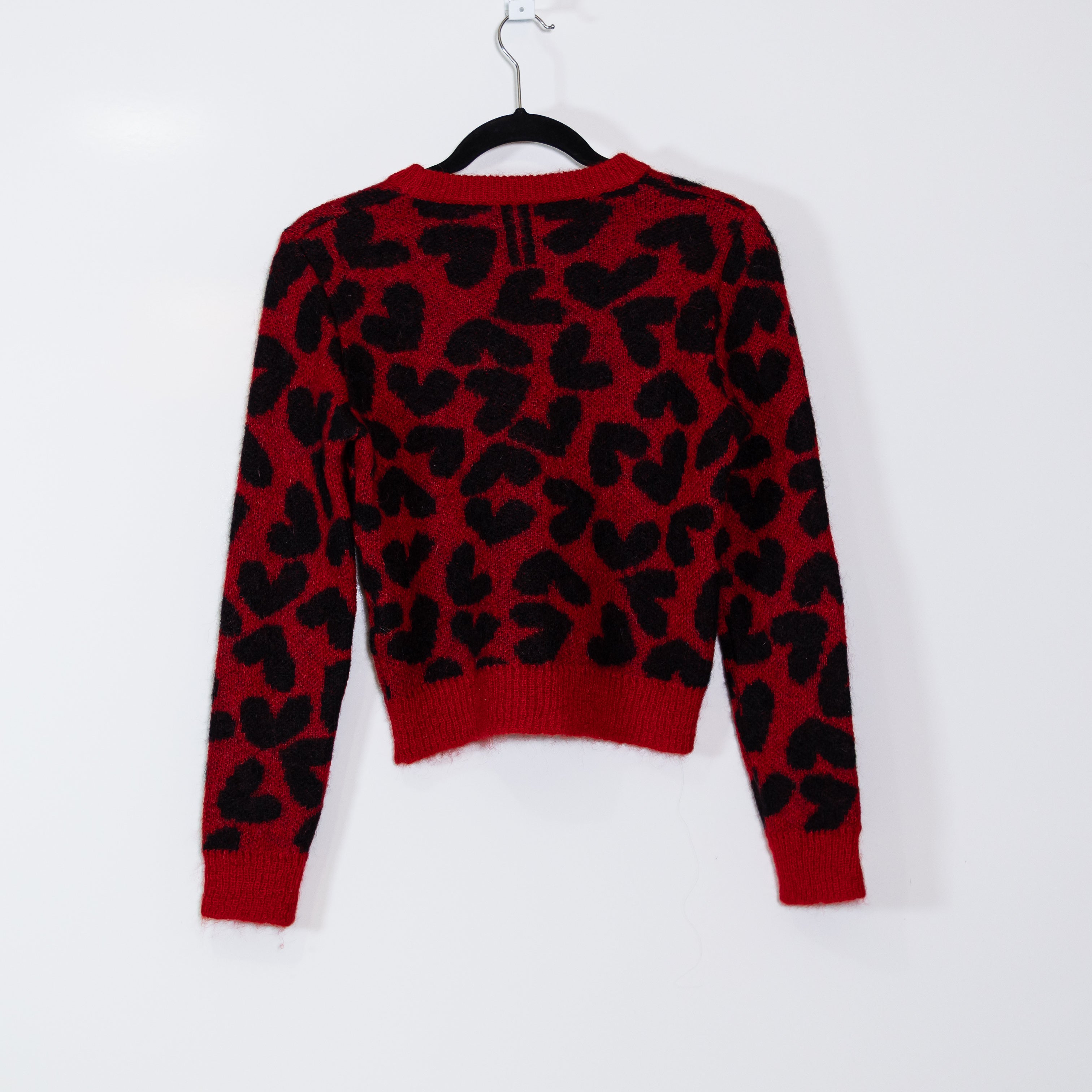 SAINT LAURENT Paris Wool Mohair Knit Heart Print Pattern Crew Neck Sweater Red