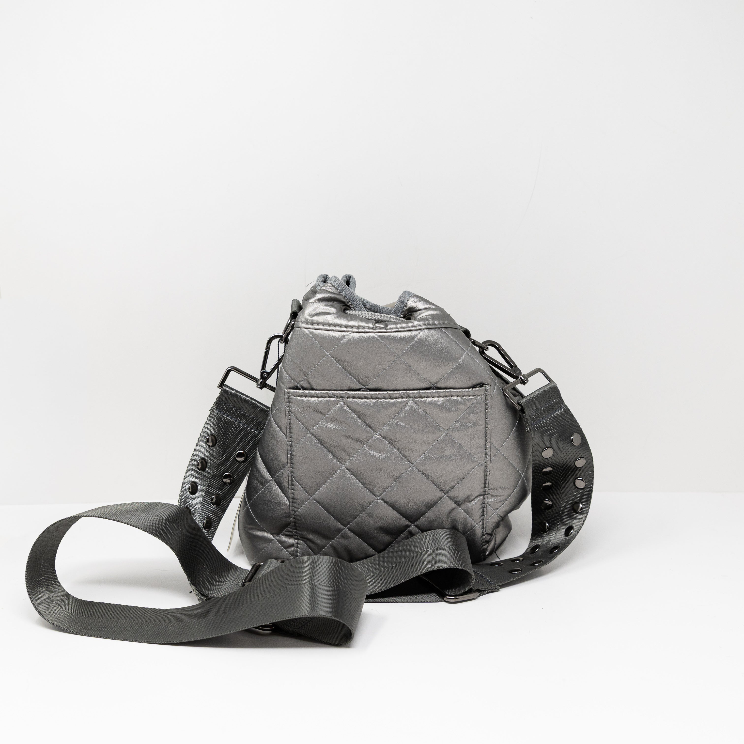 NEW Haute Shore Lindsey Leatherette Quilted Puffer Bucket Bag Purse Iron Silver