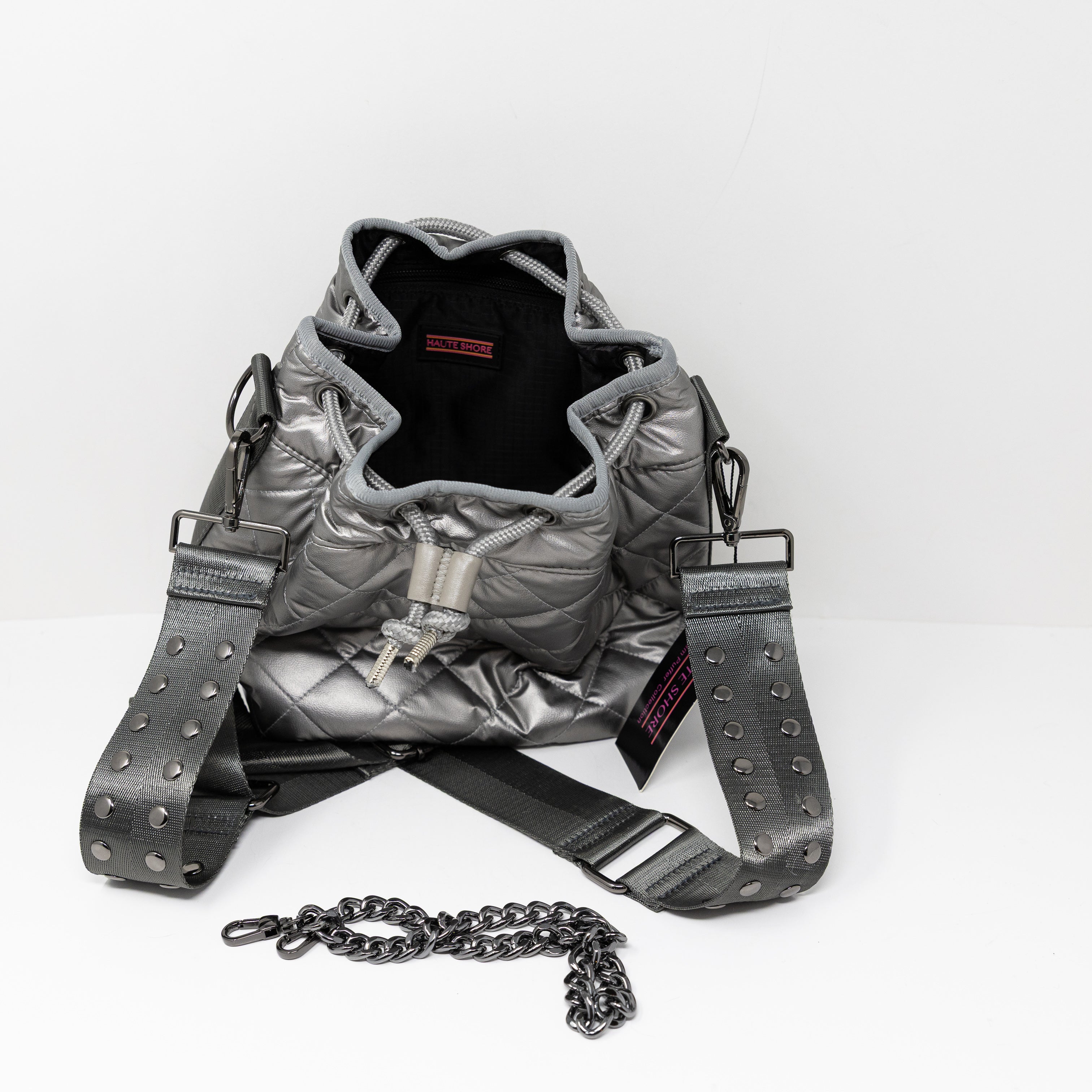 NEW Haute Shore Lindsey Leatherette Quilted Puffer Bucket Bag Purse Iron Silver