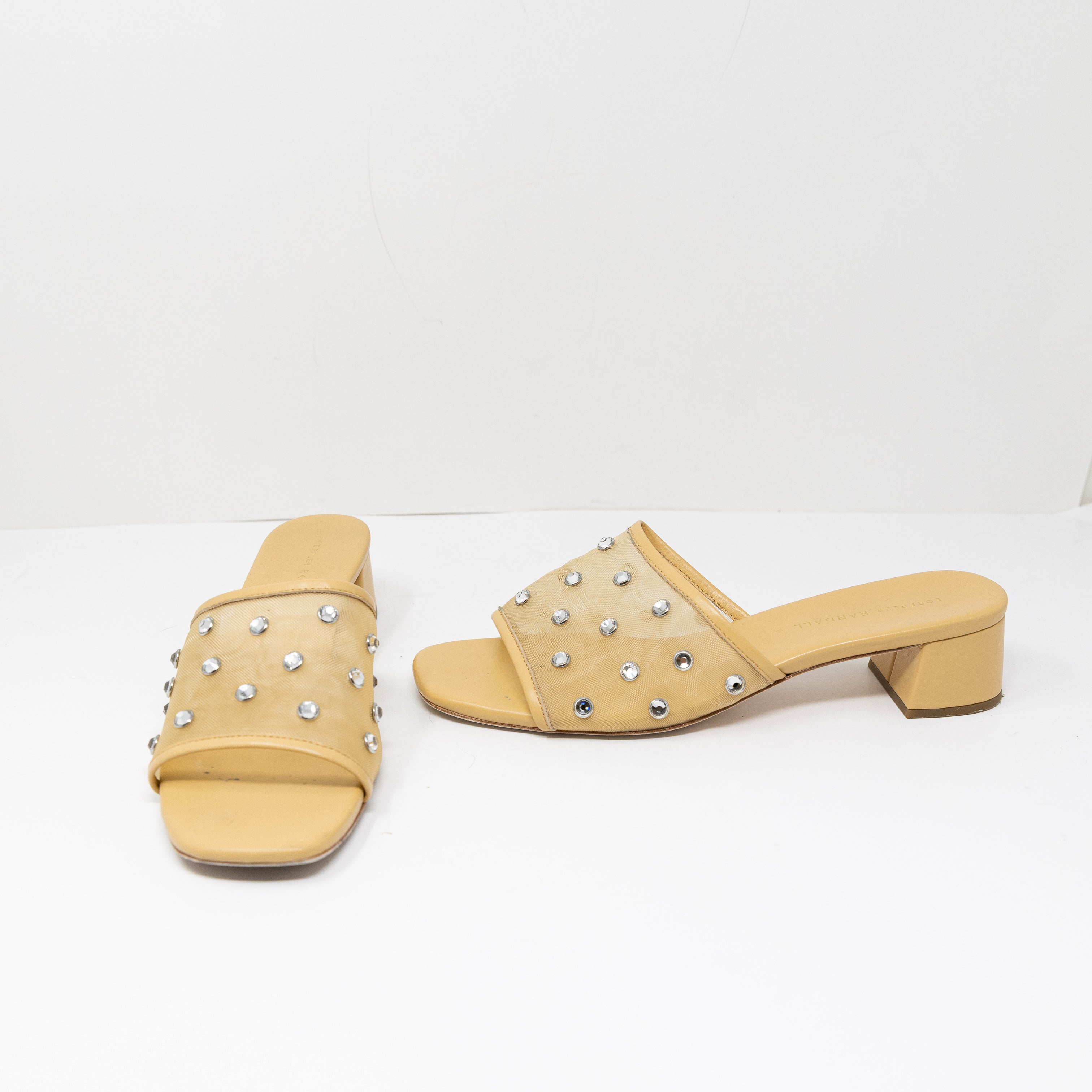 Loeffler Randall Brooke Mesh Mid Heel Mule Sandals Crystal Embellishment Caramel