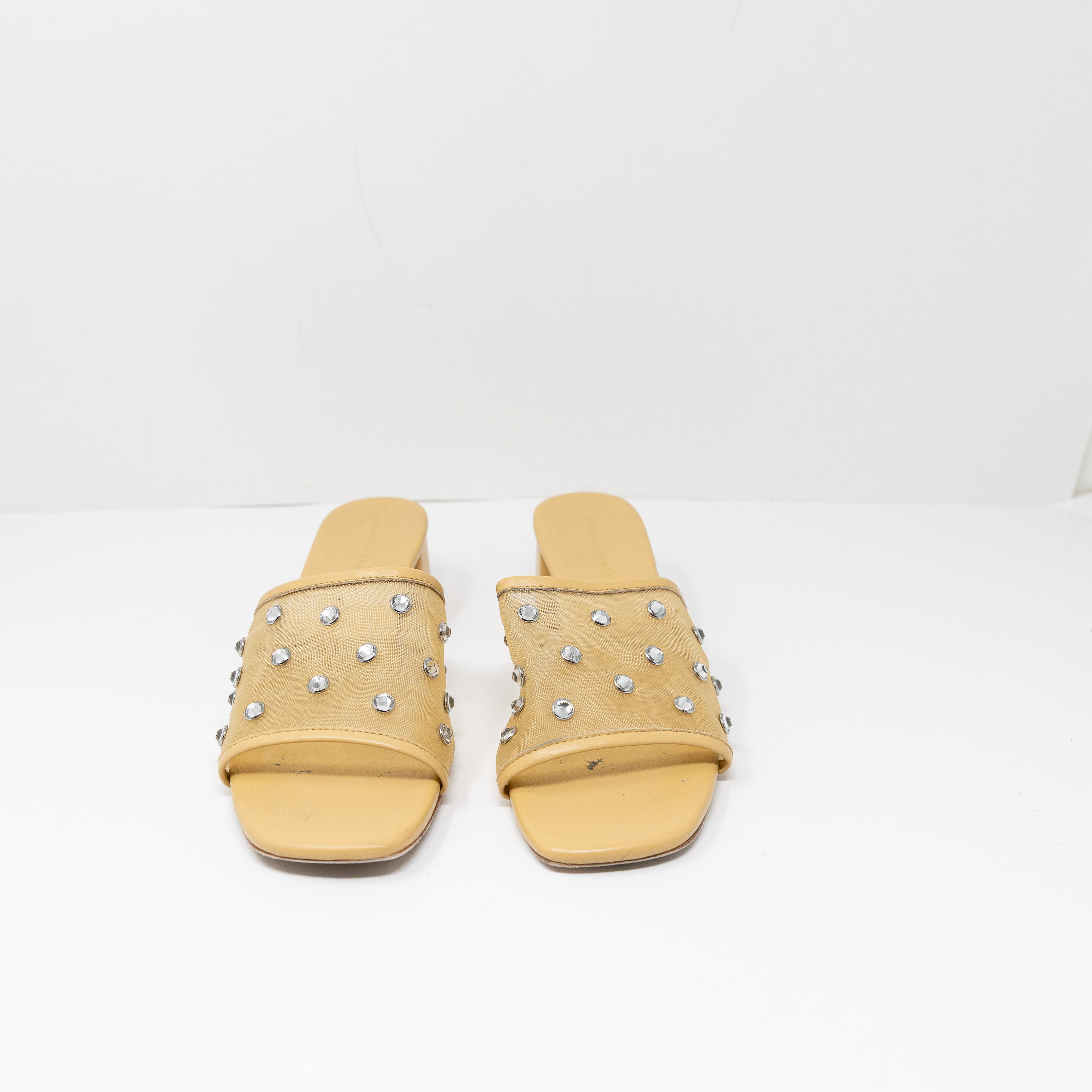Loeffler Randall Brooke Mesh Mid Heel Mule Sandals Crystal Embellishment Caramel