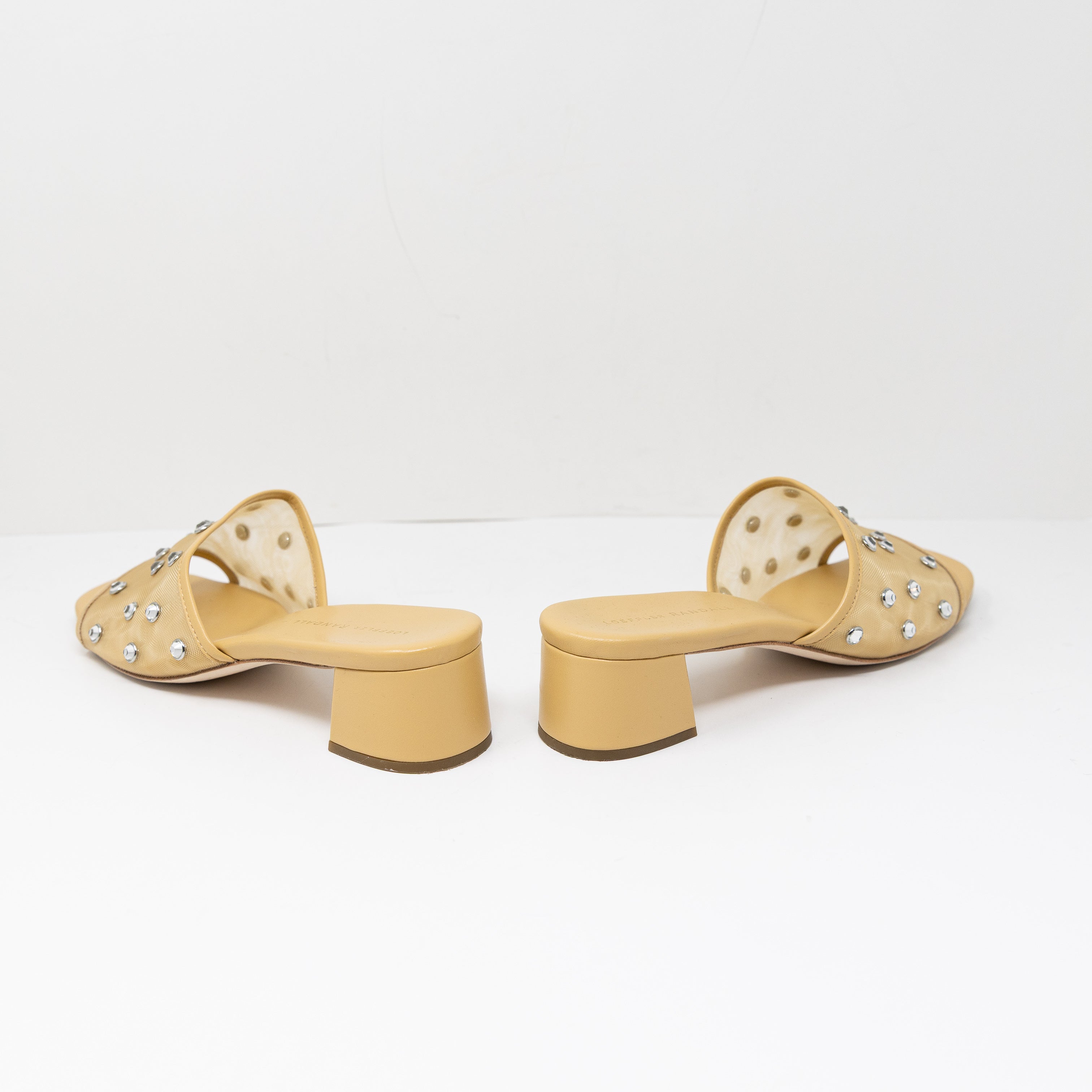 Loeffler Randall Brooke Mesh Mid Heel Mule Sandals Crystal Embellishment Caramel