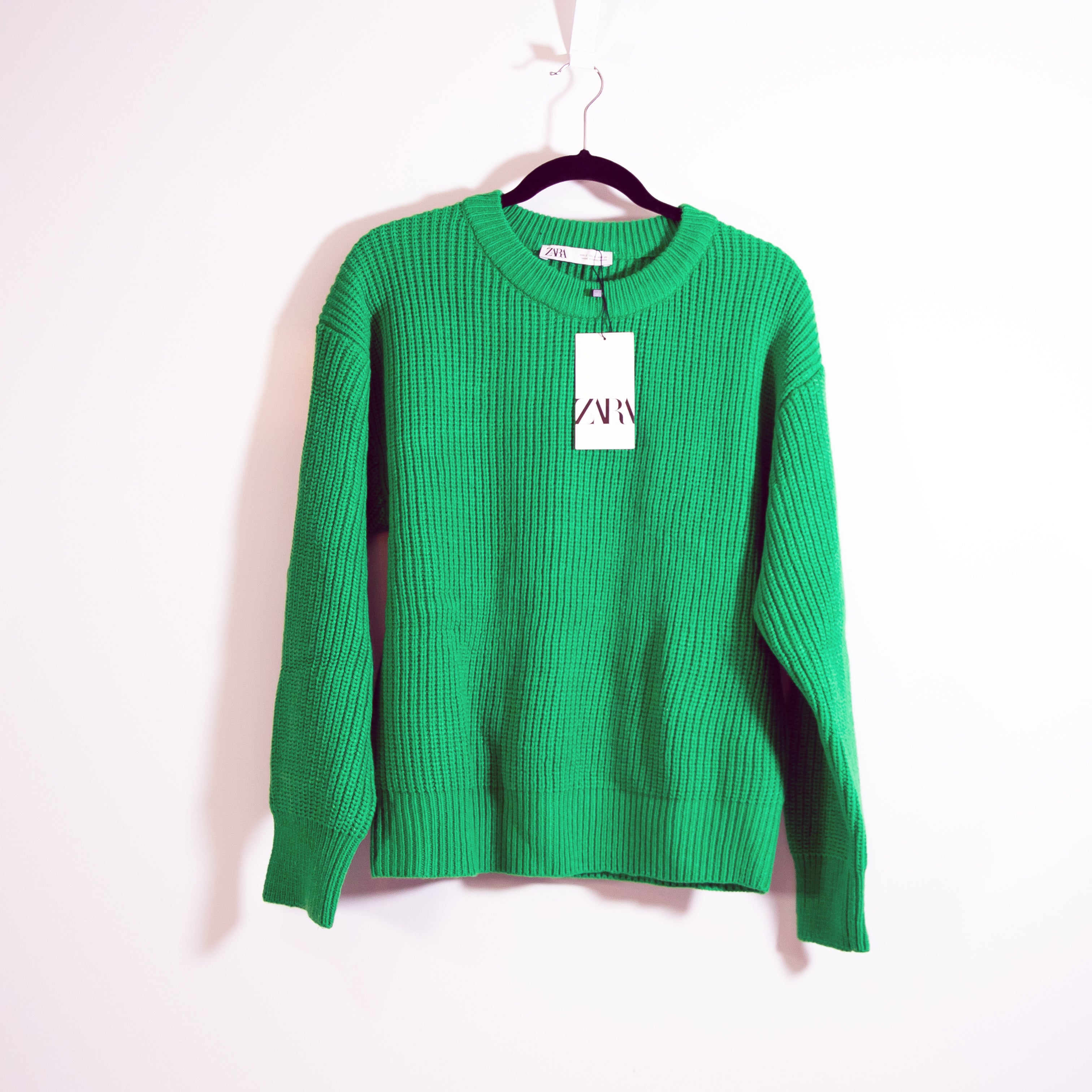 NEW Zara Wool Blend Knit Stretch Crew Neck Pullover Sweater Solid Green Small