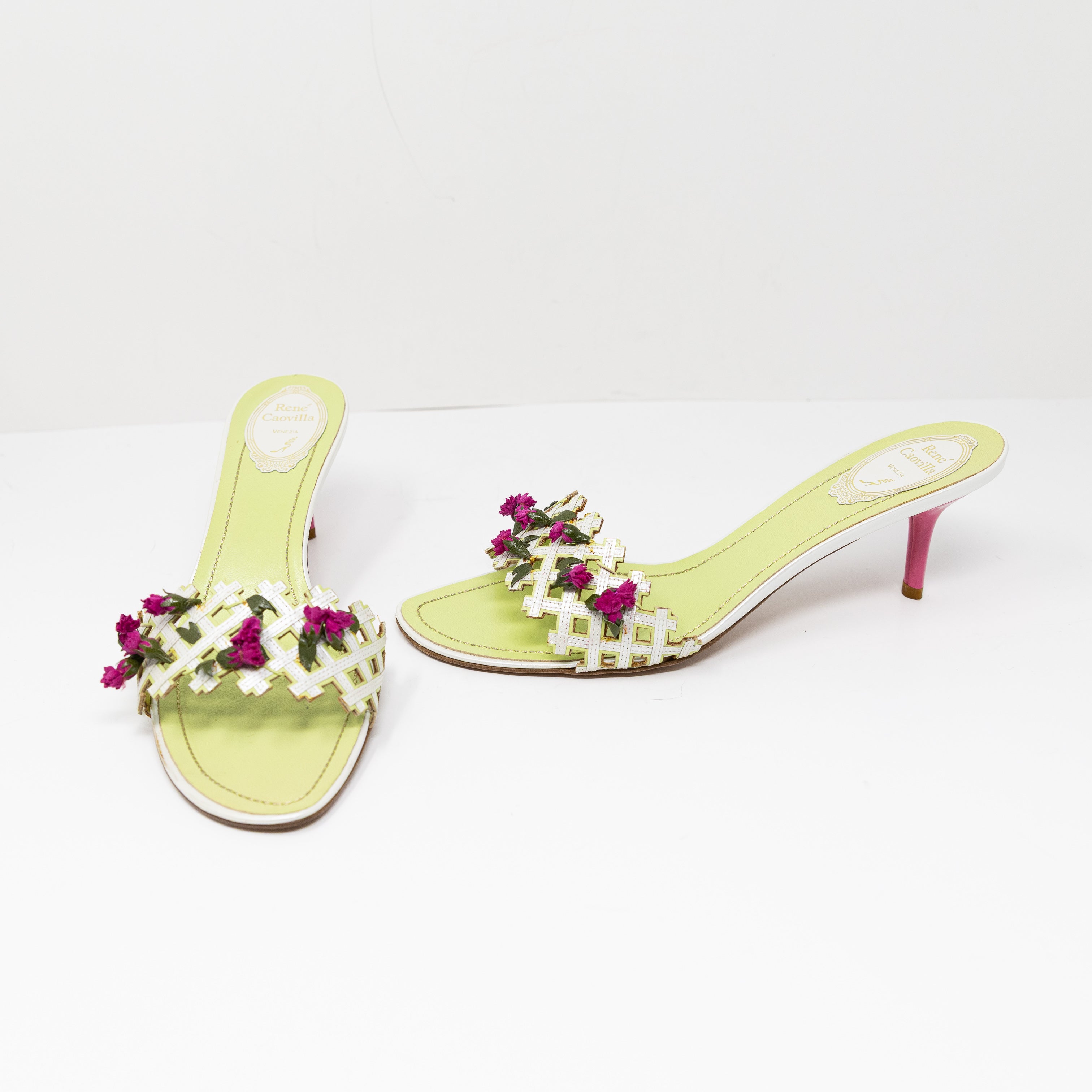 Rene Caovilla Genuine Leather Lattice Perforated 3D Floral Embellished Heels 40
