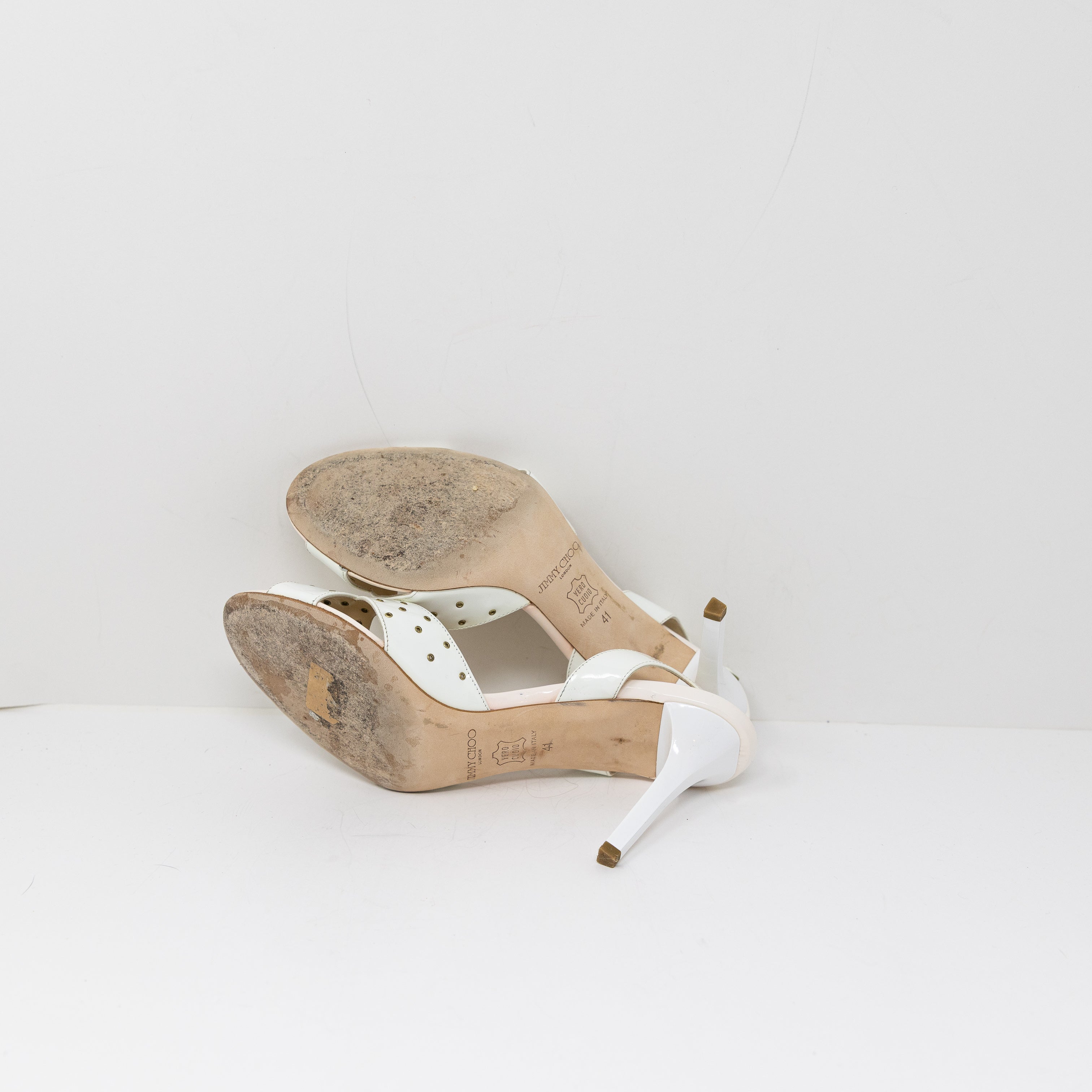 Jimmy Choo Patent Leather Perforated Open Toe Ankle Strap High Heels Shoes White
