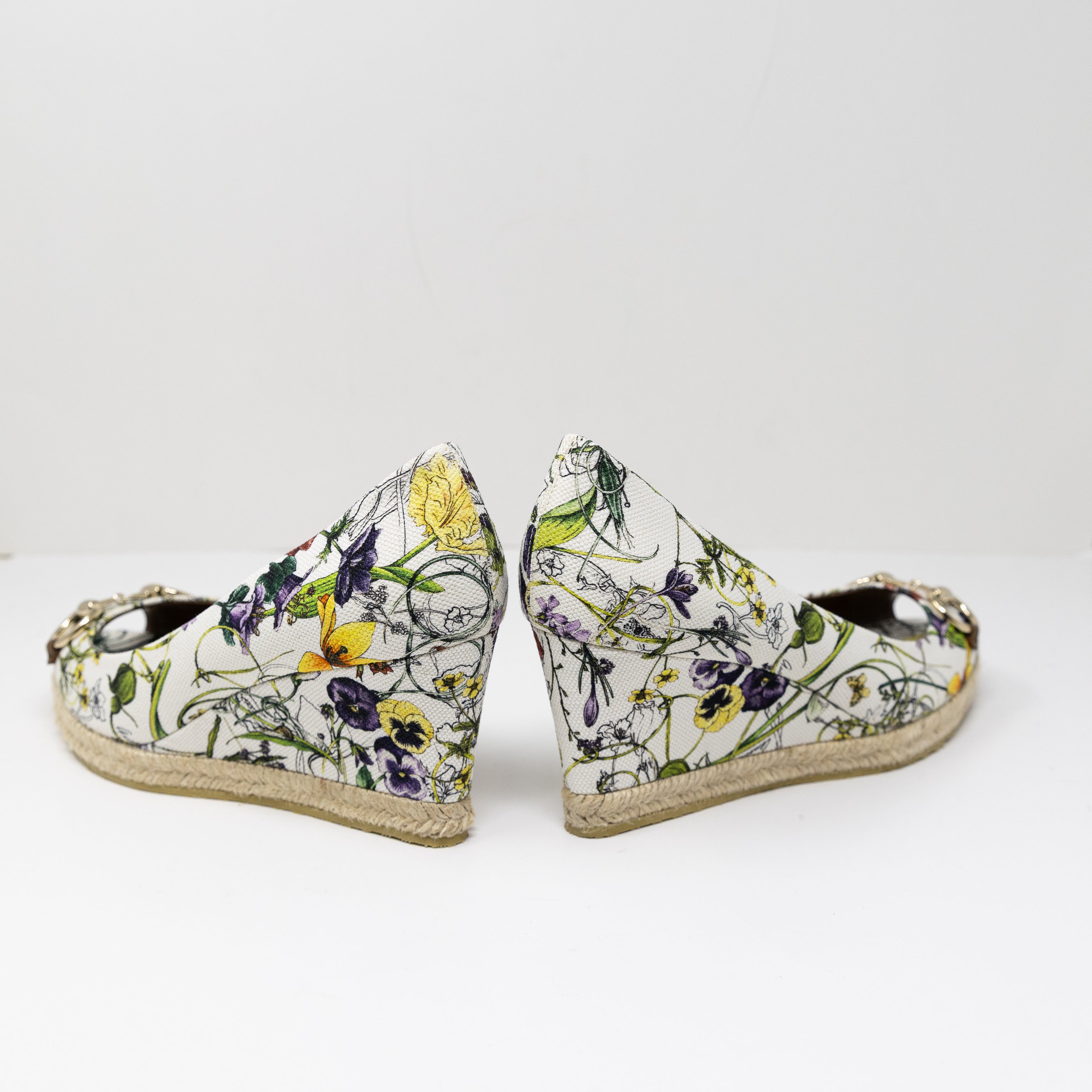 NEW Gucci Floral Flower Print Horsebit Open Toe Wedge Heels Slip On Shoes 9.5