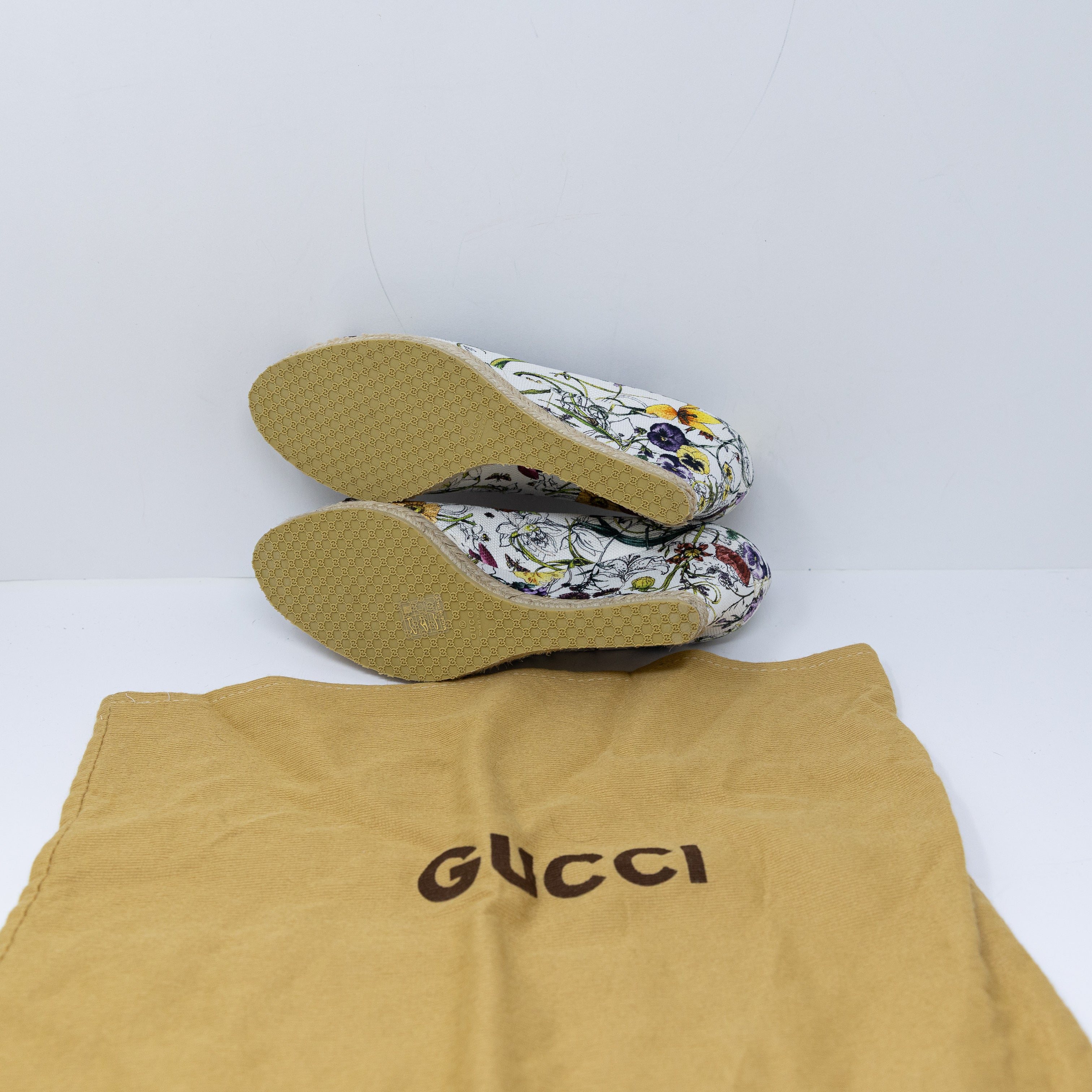 NEW Gucci Floral Flower Print Horsebit Open Toe Wedge Heels Slip On Shoes 9.5