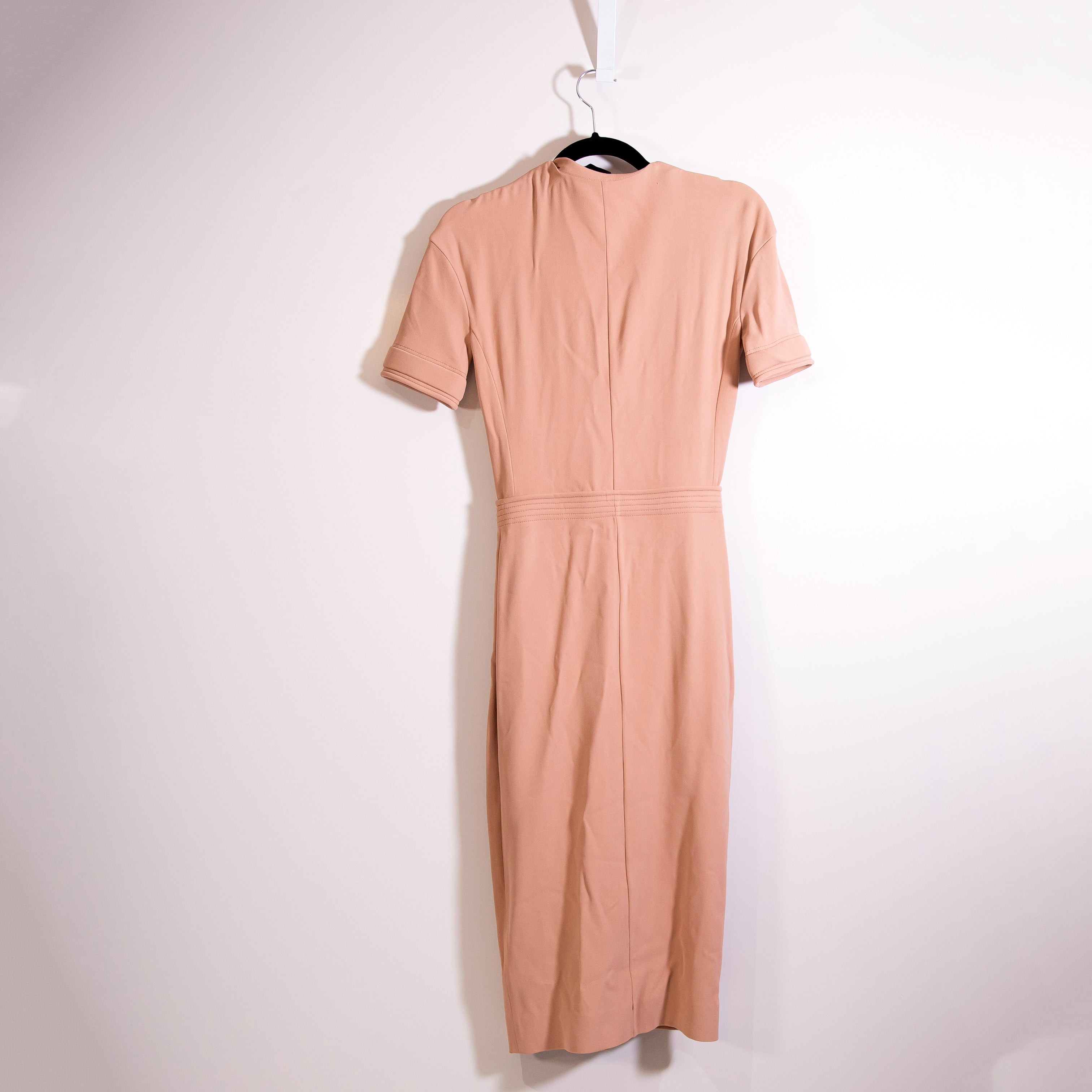 Mugler Hook And Eye Front Detail Crepe Short Sleeve V Neck Sheath Dress Pink XS