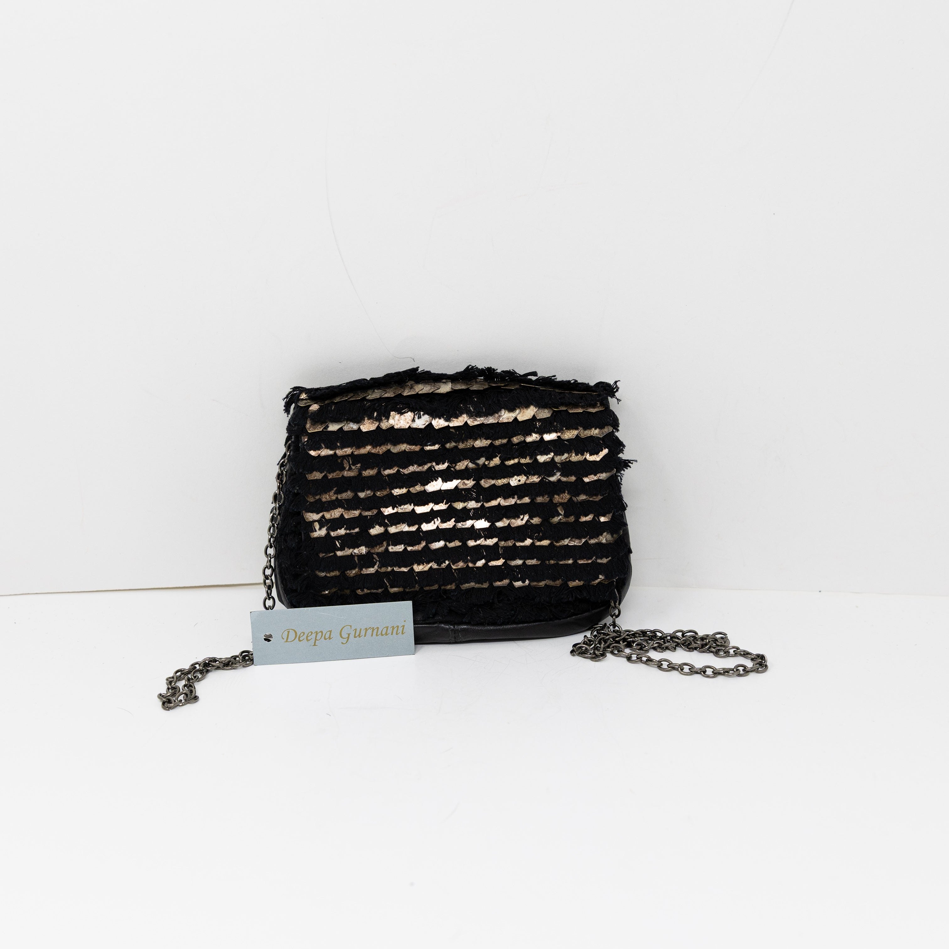 NEW Deepa Gurnani Tassel Fringe Textured Metal Embellished Crossbody Purse Black