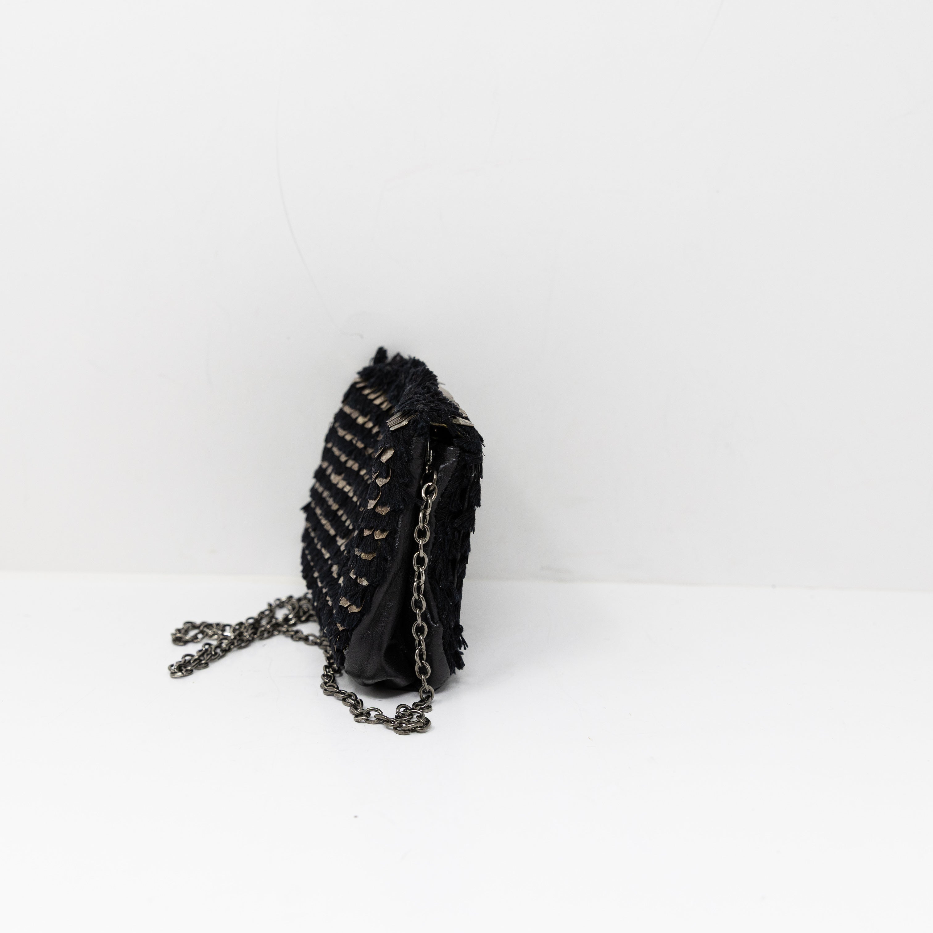 NEW Deepa Gurnani Tassel Fringe Textured Metal Embellished Crossbody Purse Black