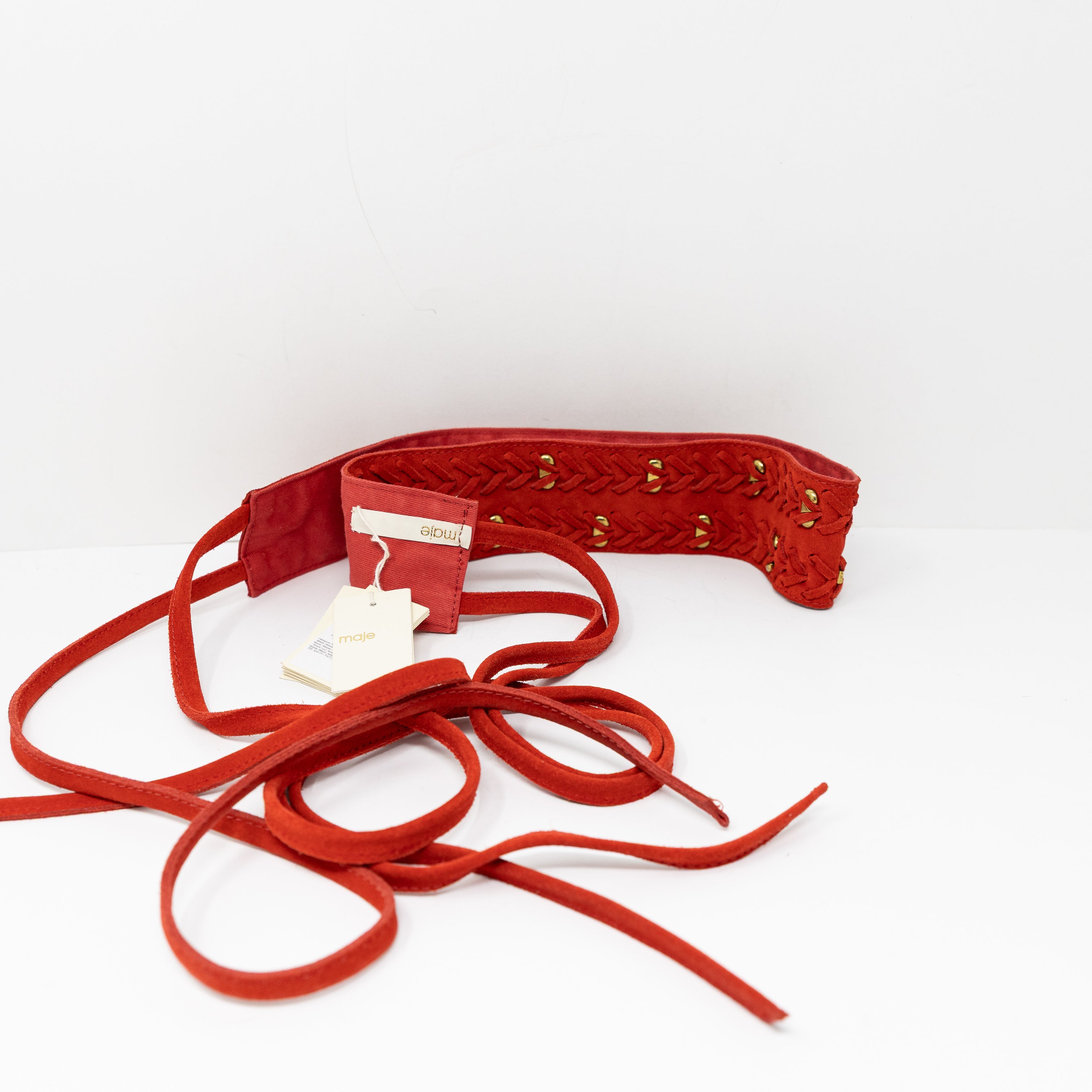 NEW Maje Genuine Leather Suede Braided Wide Belt Waist Wrap Red