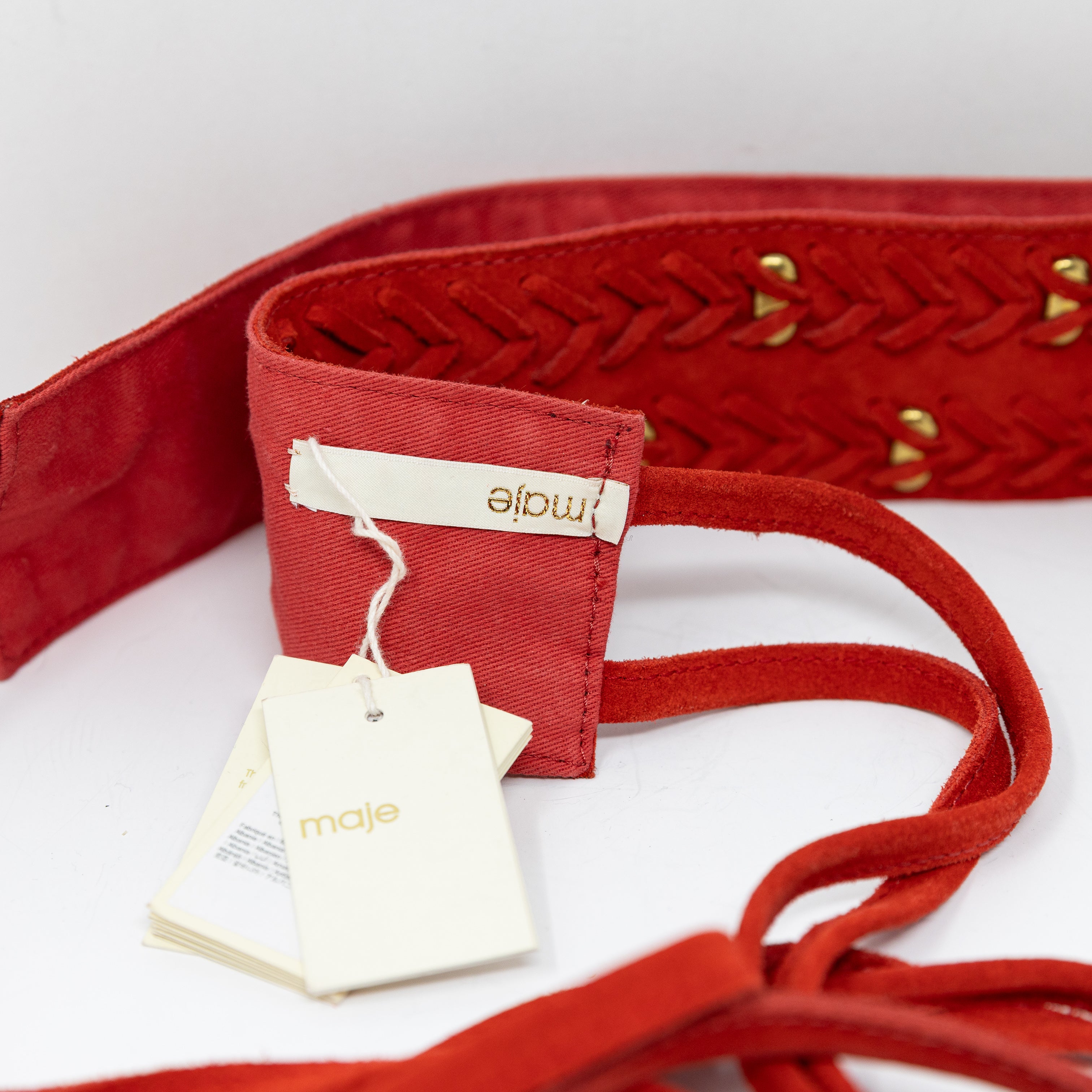 NEW Maje Genuine Leather Suede Braided Wide Belt Waist Wrap Red