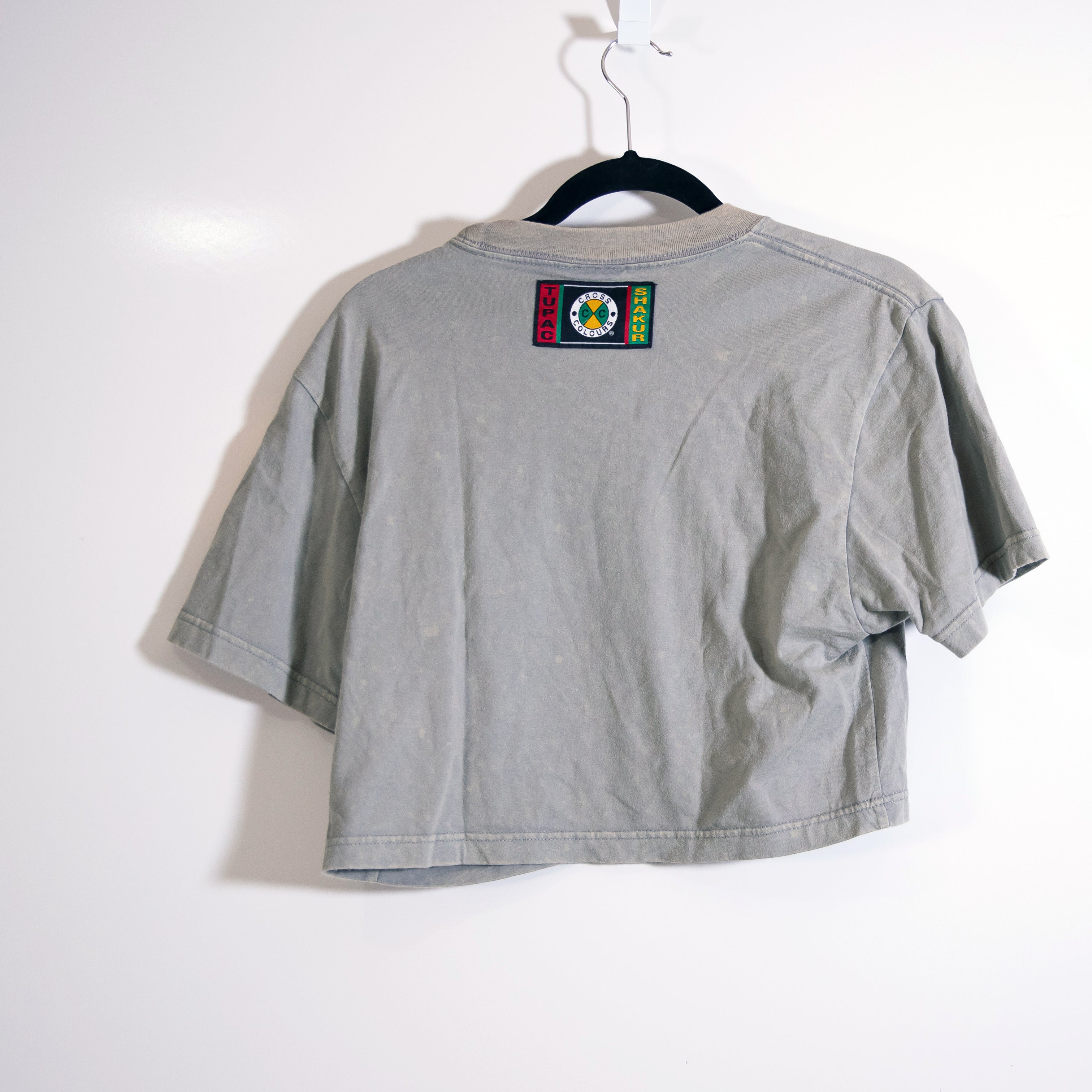 Cross Colors Tupac Graphic Print Pattern Cotton Cropped Crew Neck Tee Shirt Gray