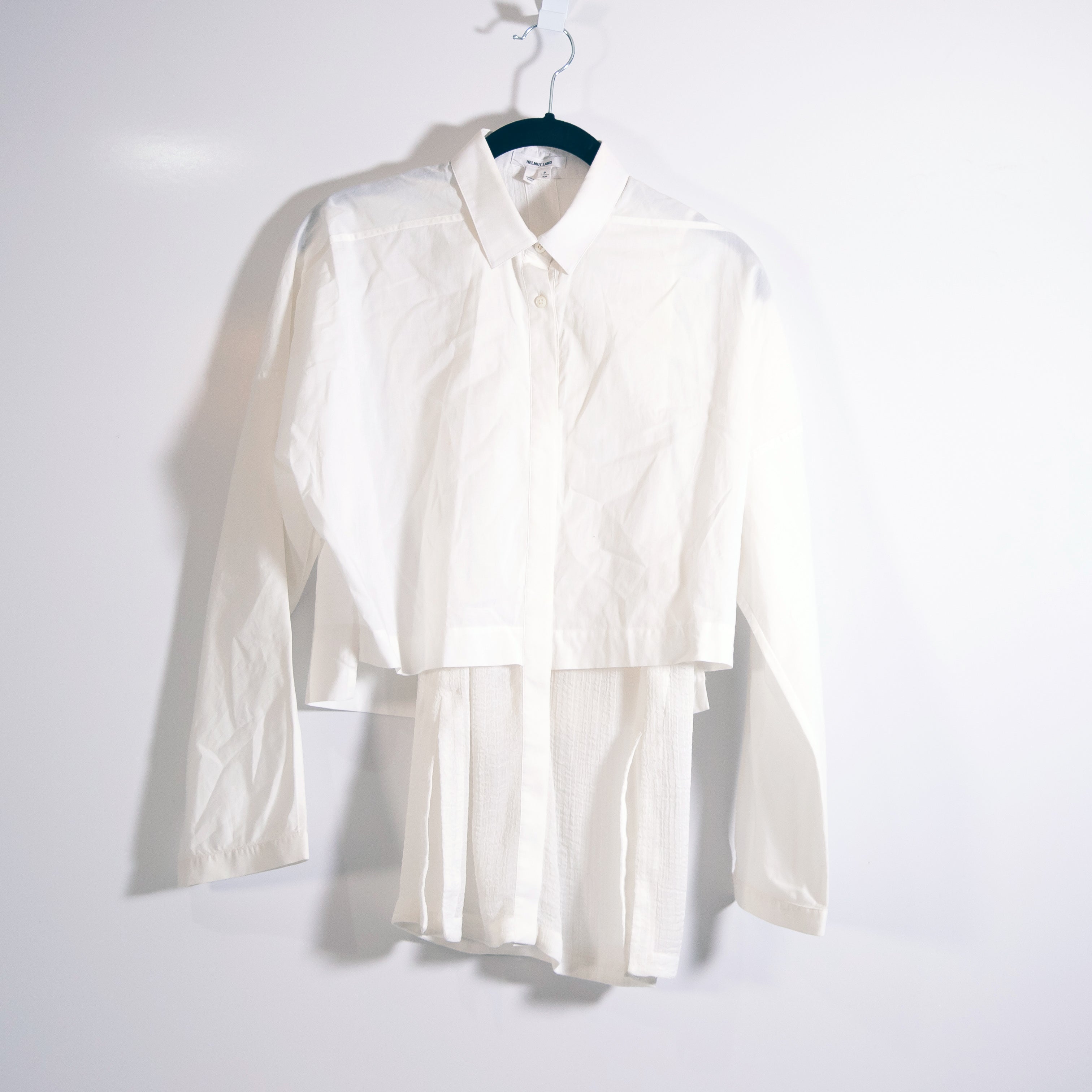 Helmut Lang Women's Mixed Media Collared Button Down Collared Long Sleeve Blouse