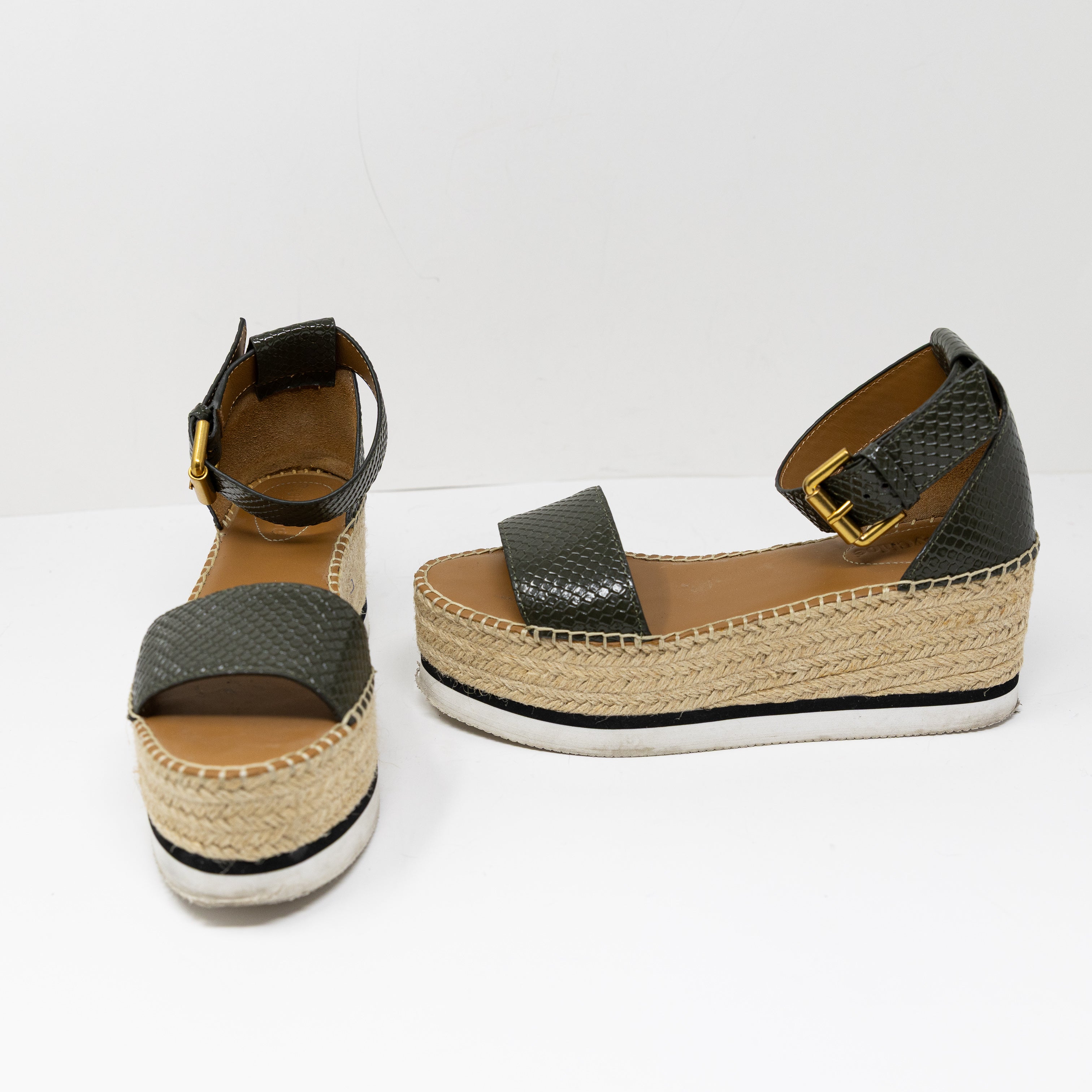 See By Chloe Glyn Embossed Patent Leather Platform Espadrille Sandals Shoes 7