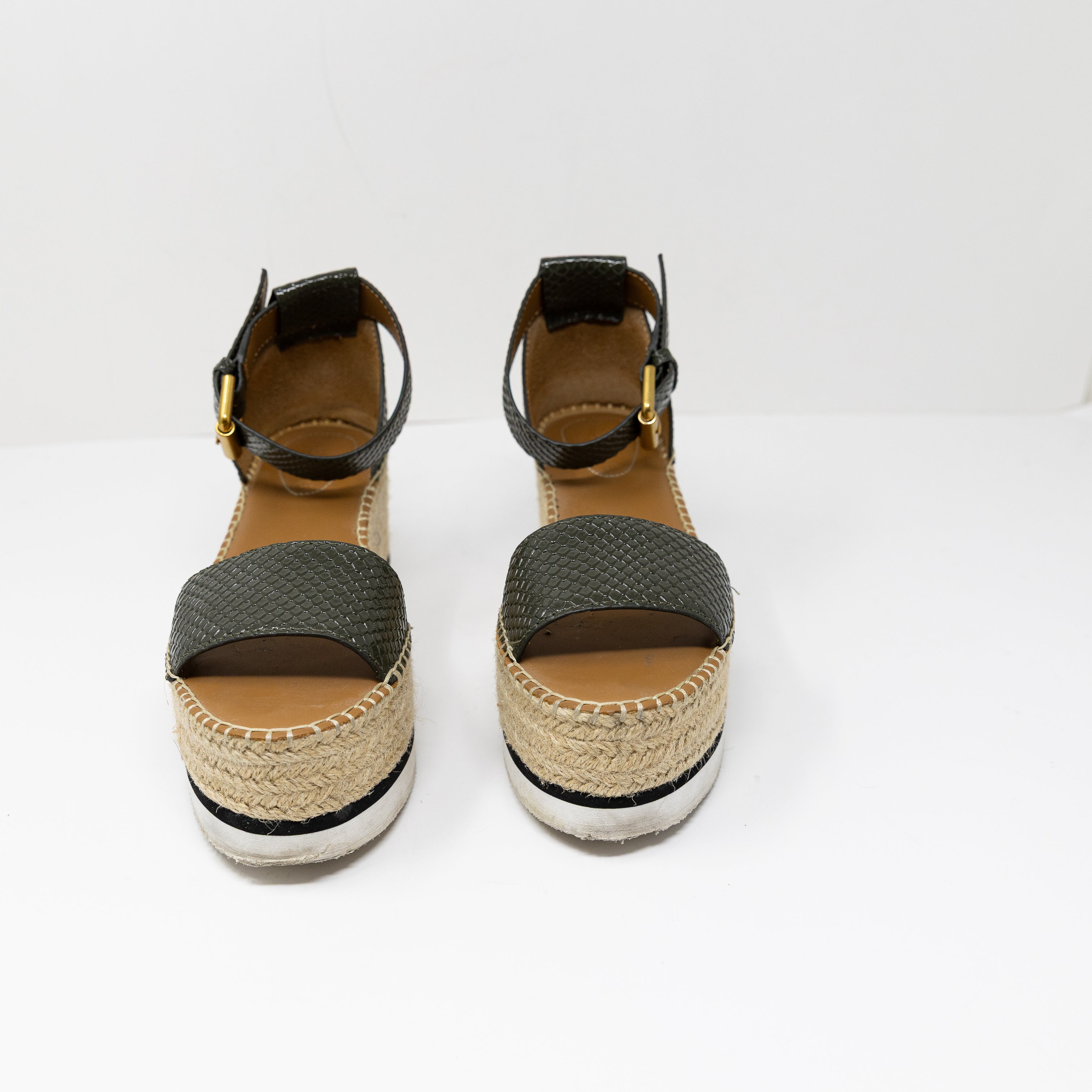 See By Chloe Glyn Embossed Patent Leather Platform Espadrille Sandals Shoes 7