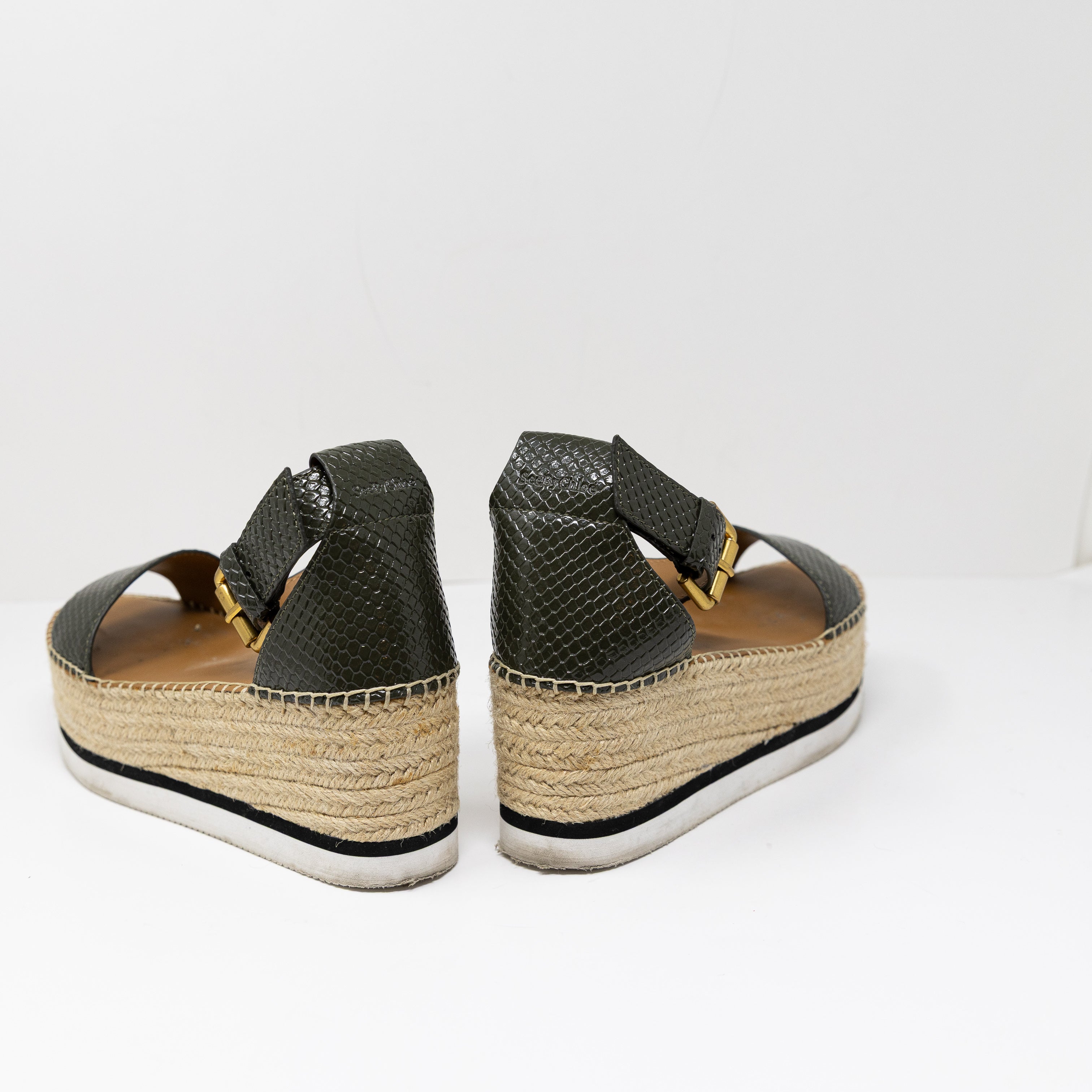 See By Chloe Glyn Embossed Patent Leather Platform Espadrille Sandals Shoes 7