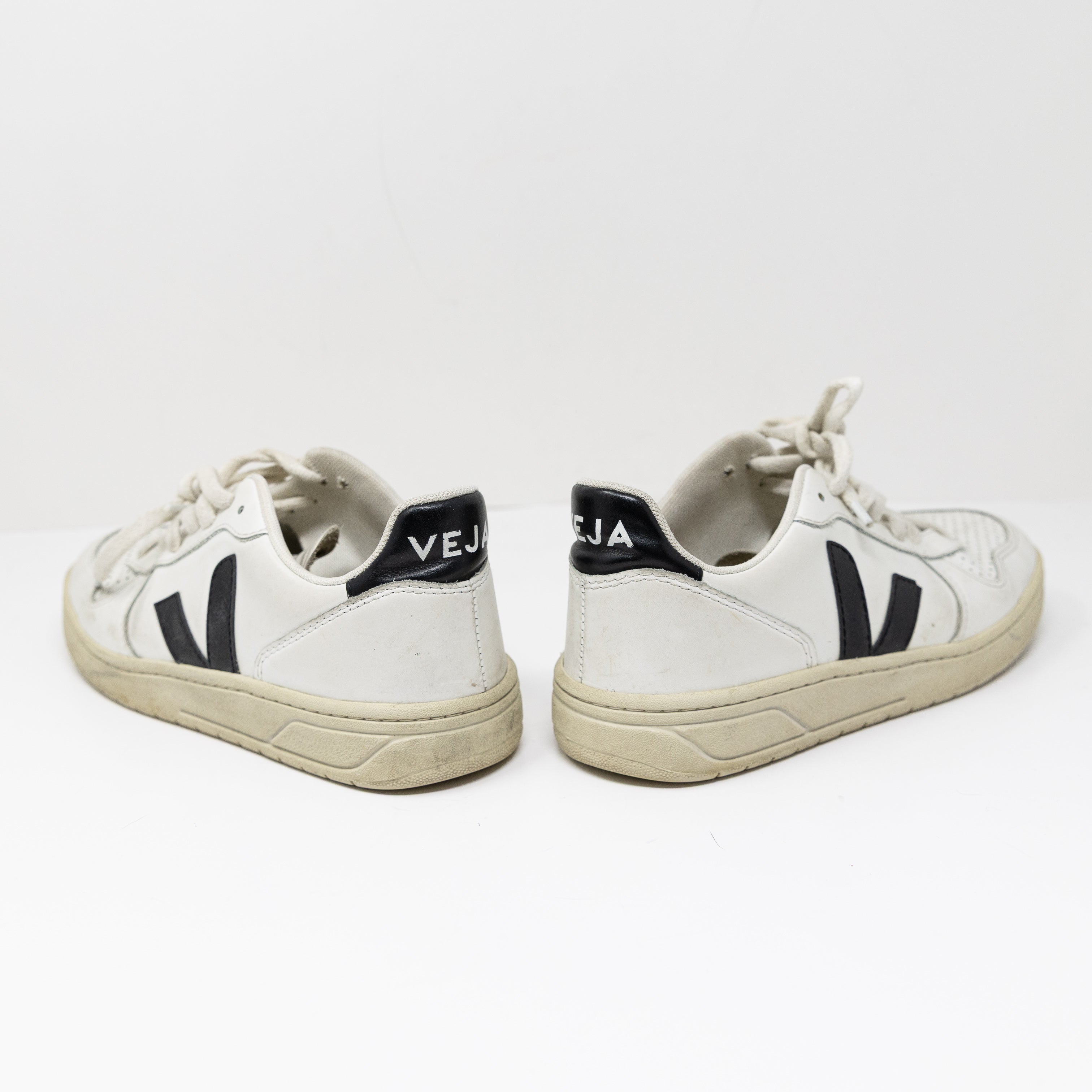 Veja V-10 Women's Leather Low Top Perforated Casual Sneakers Shoes White Black 7