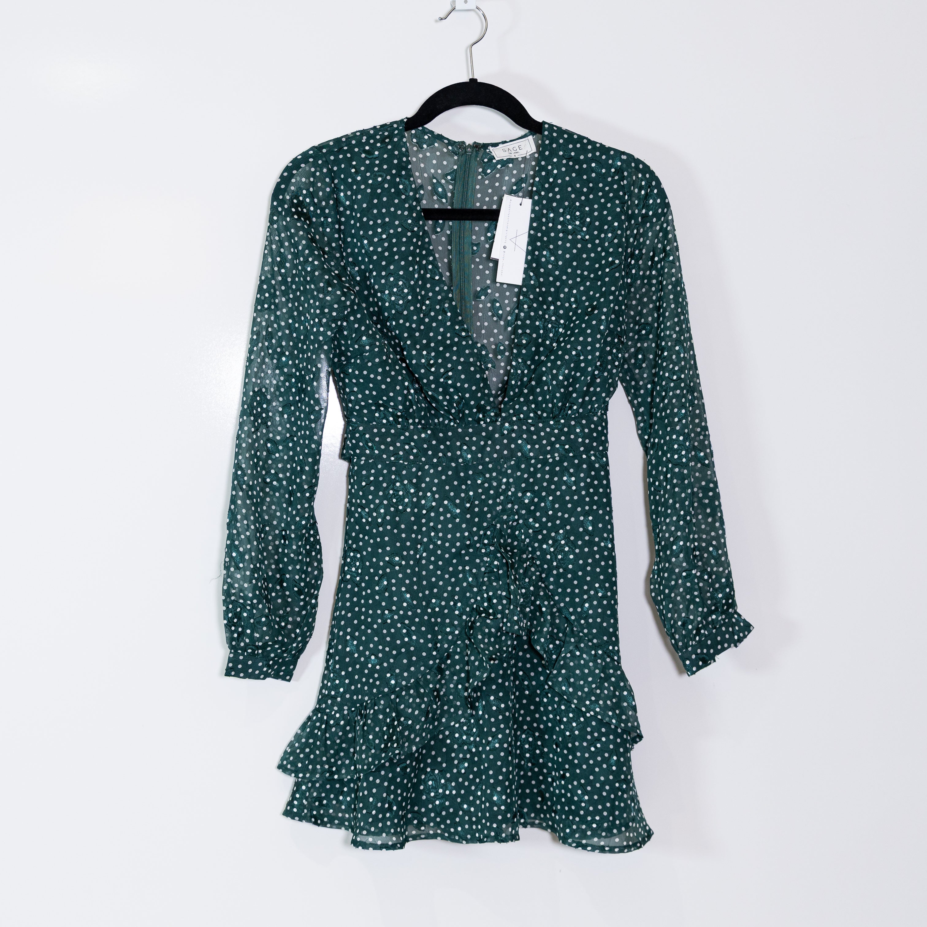 NEW Sage The Label Green White Polka Dot Print Pattern Chiffon Ruffle Wrap Dress