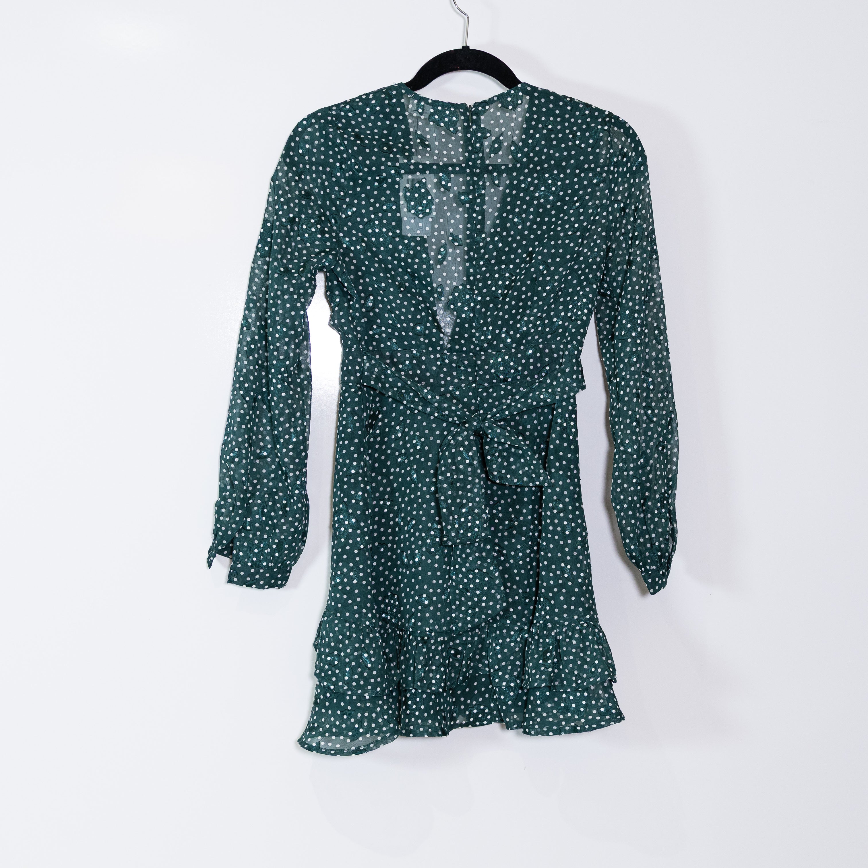 NEW Sage The Label Green White Polka Dot Print Pattern Chiffon Ruffle Wrap Dress