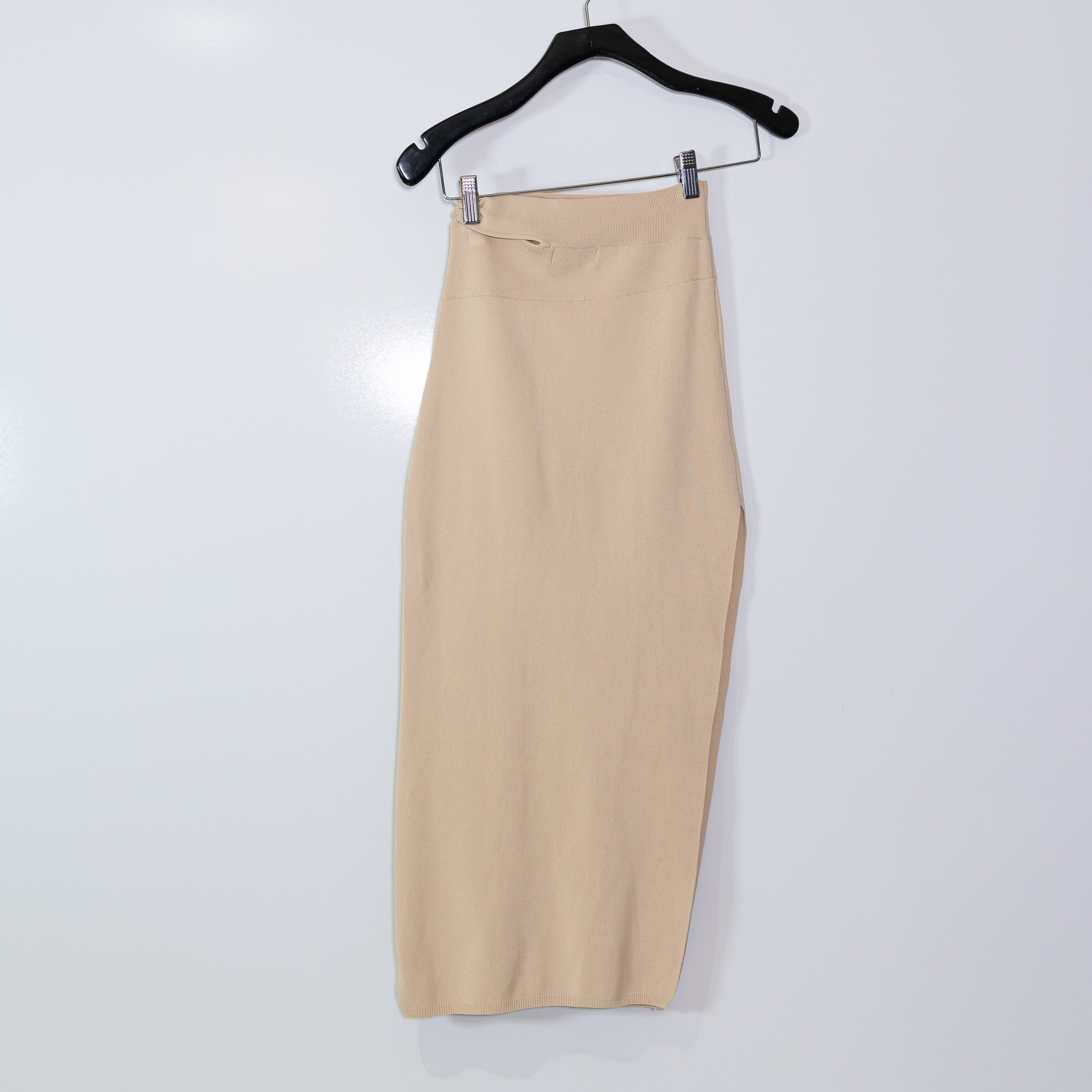 Michael Costello x Revolve Cut Out Waist Knit Stretch Straight Midi Skirt Nude