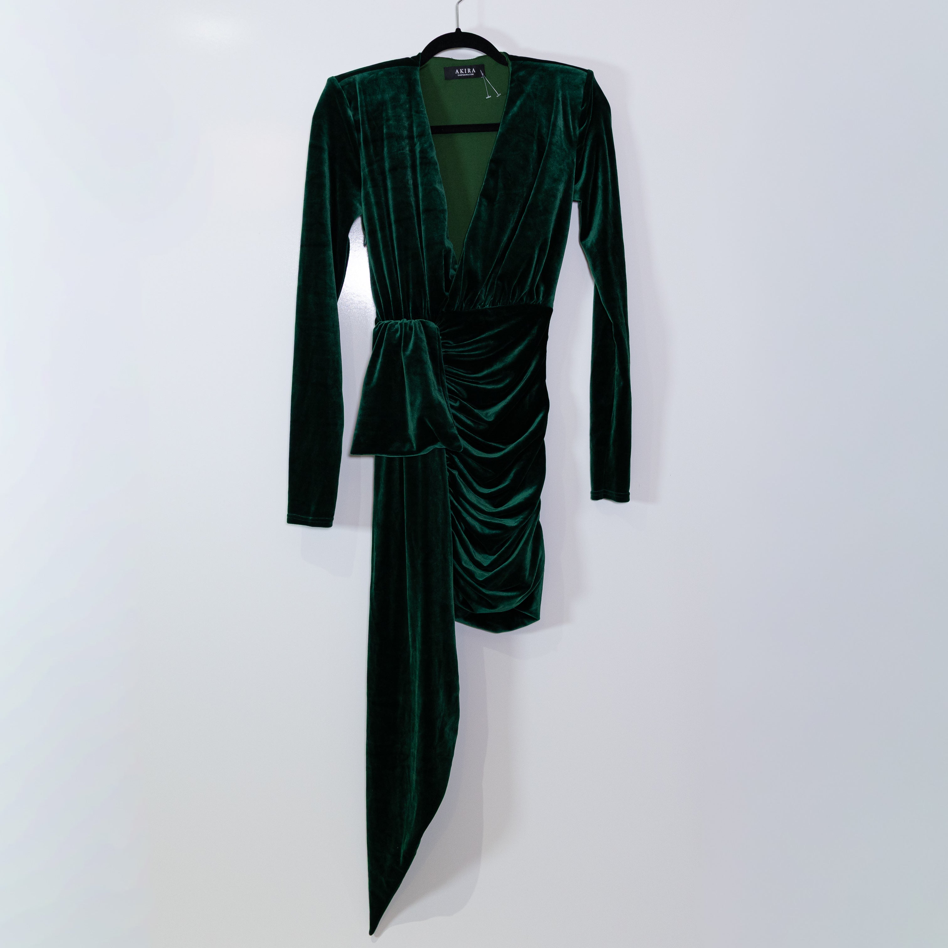 Akira Velvet Velour Draped Ruched Long Sleeve V Neck Mini Cocktail Party Dress S