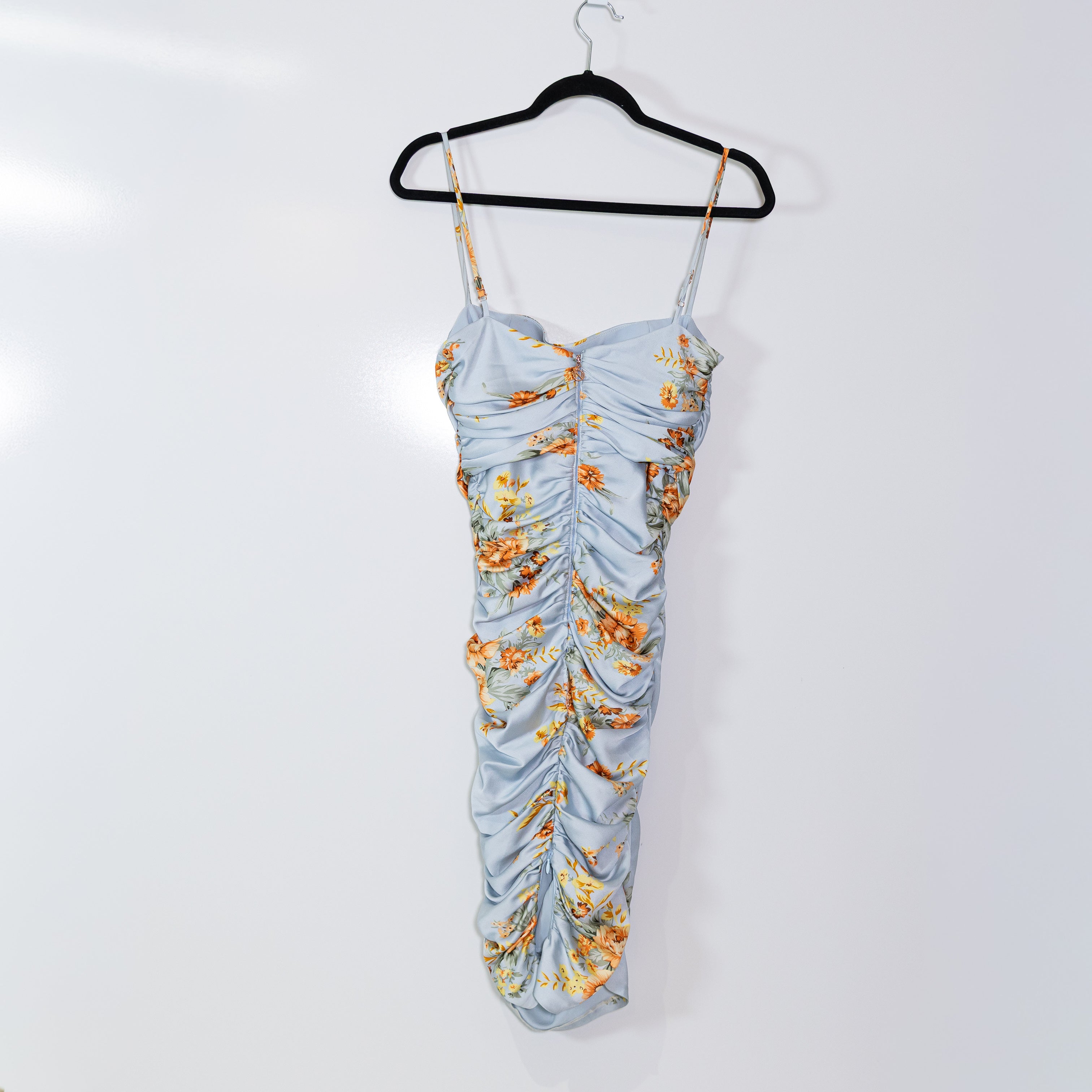 Nookie Garden Party Ruched Satin Square Neck Floral Flower Midi Dress Medium