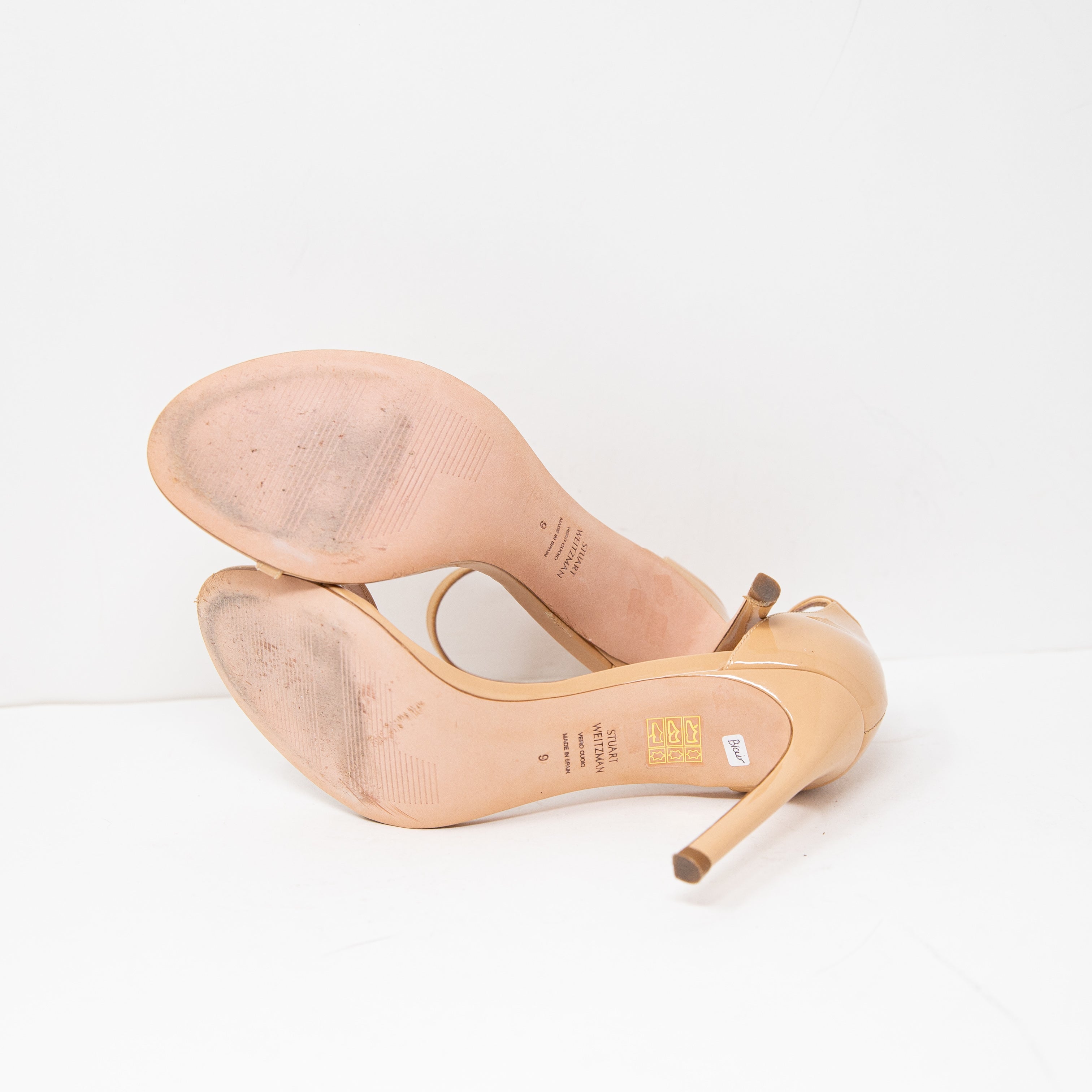 Stuart Weitzman Nudistsong Patent Leather Open toe Ankle Strap High Heels Beige