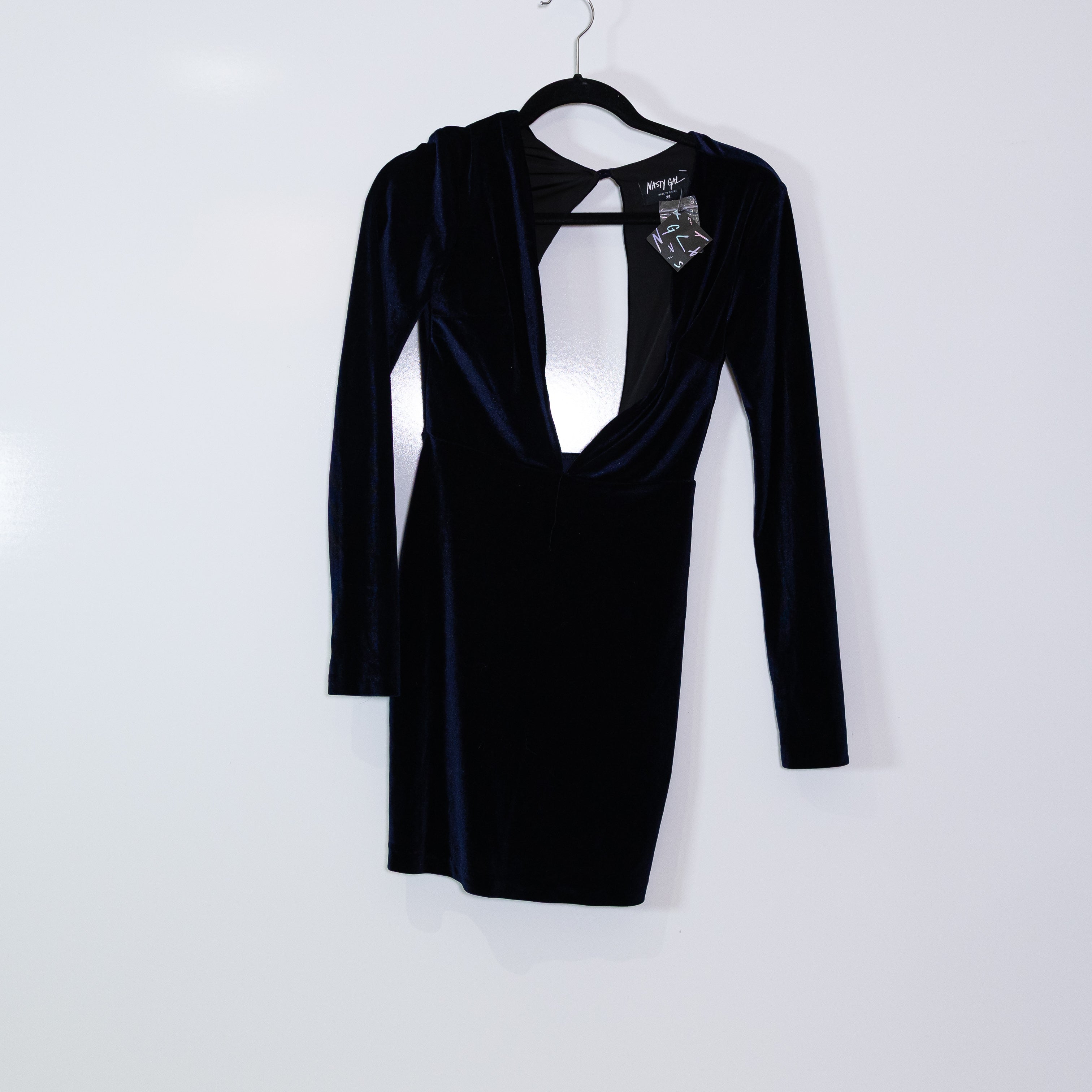 NEW Nasty Gal Velvet Velour Cut Out Long Sleeve Cocktail Party Mini Dress Blue
