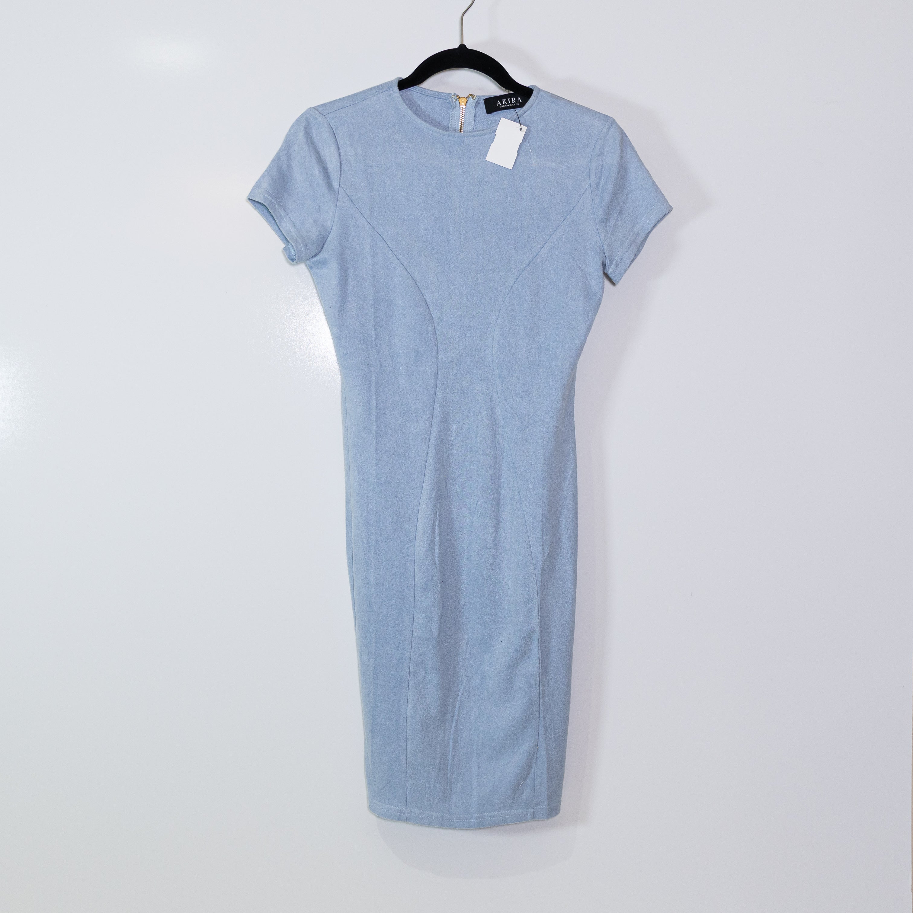 NEW Akira Faux Vegan Suede Leather Short Sleeve Mini Shift Dress Sky Blue M 