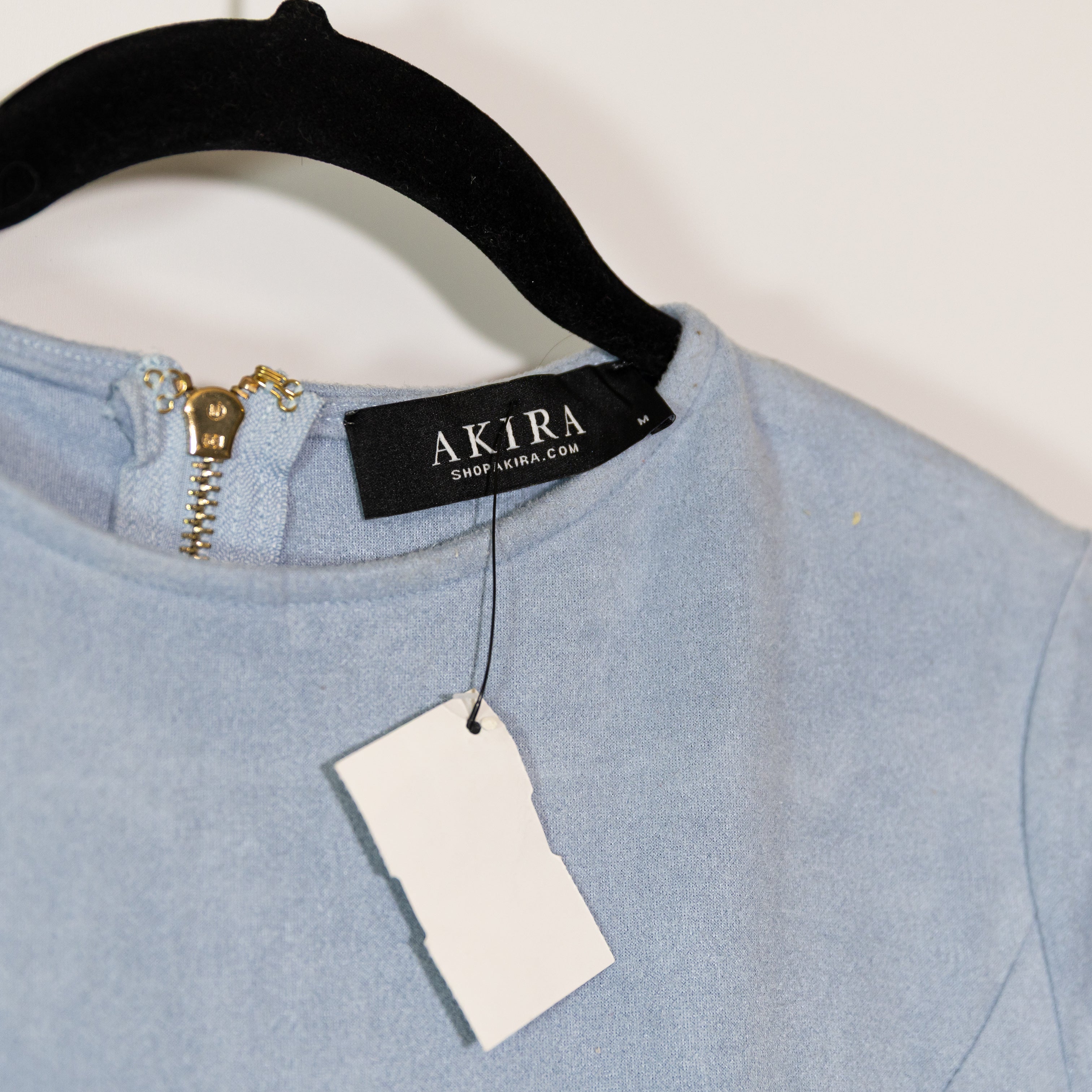 NEW Akira Faux Vegan Suede Leather Short Sleeve Mini Shift Dress Sky Blue M 