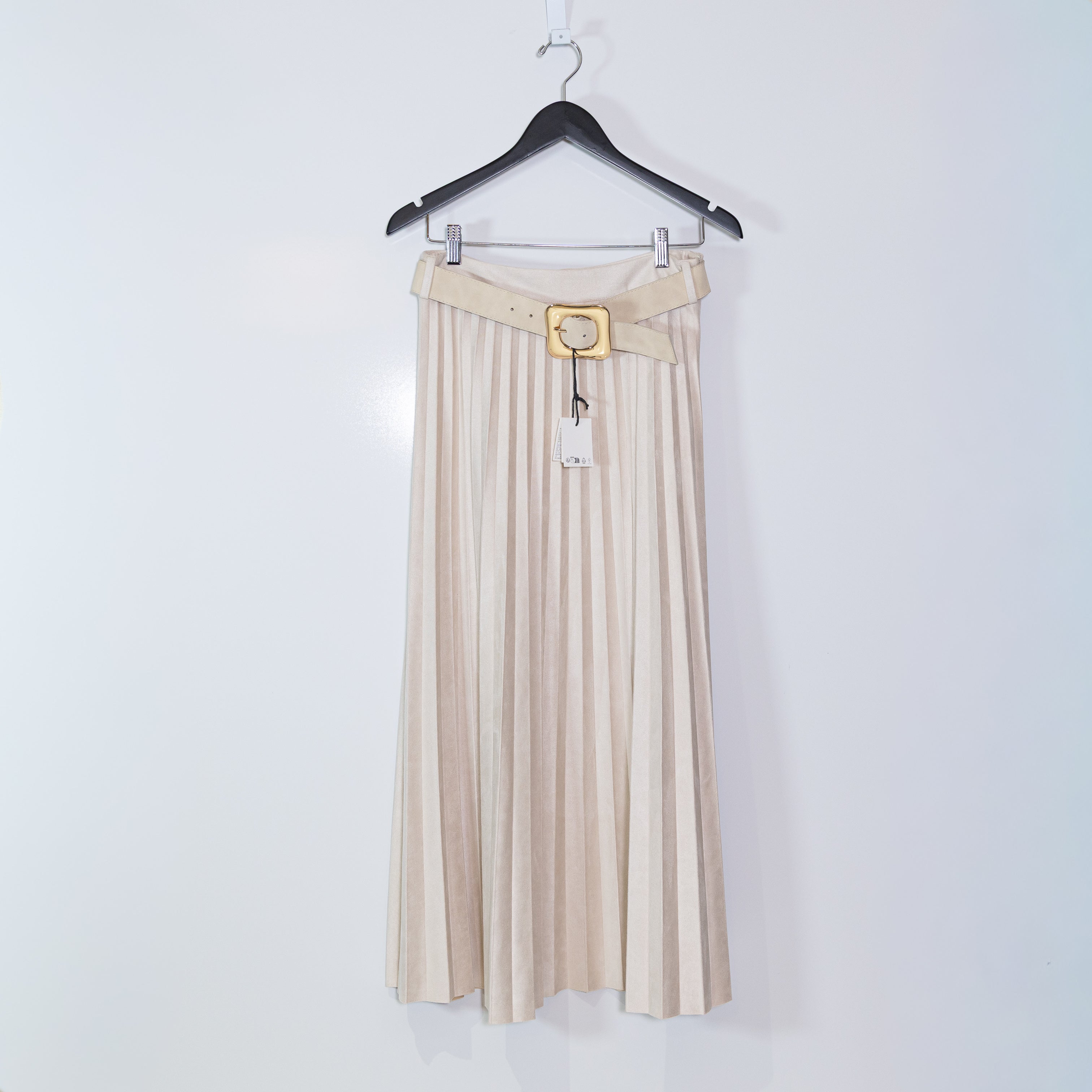 NEW Zara Faux Vegan Suede Accordion Pleated Swing Belted Midi Skirt Neutral M