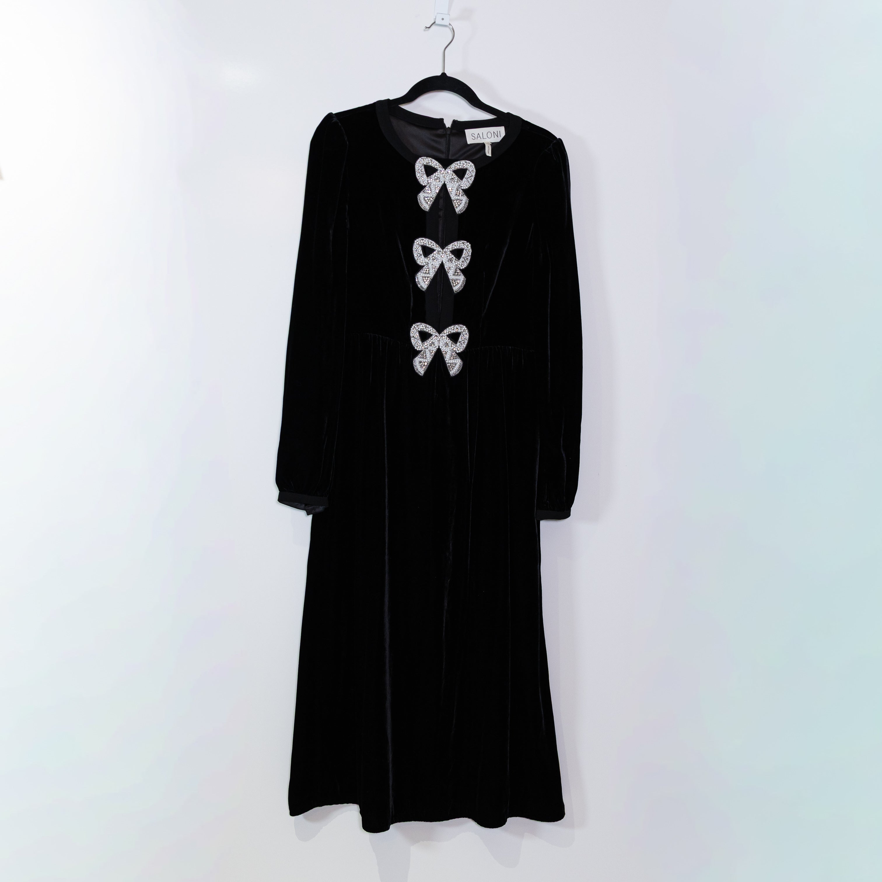 Saloni Camille Bow Crystal Jewel Rhinestone Embellished Velvet Velour Midi Dress