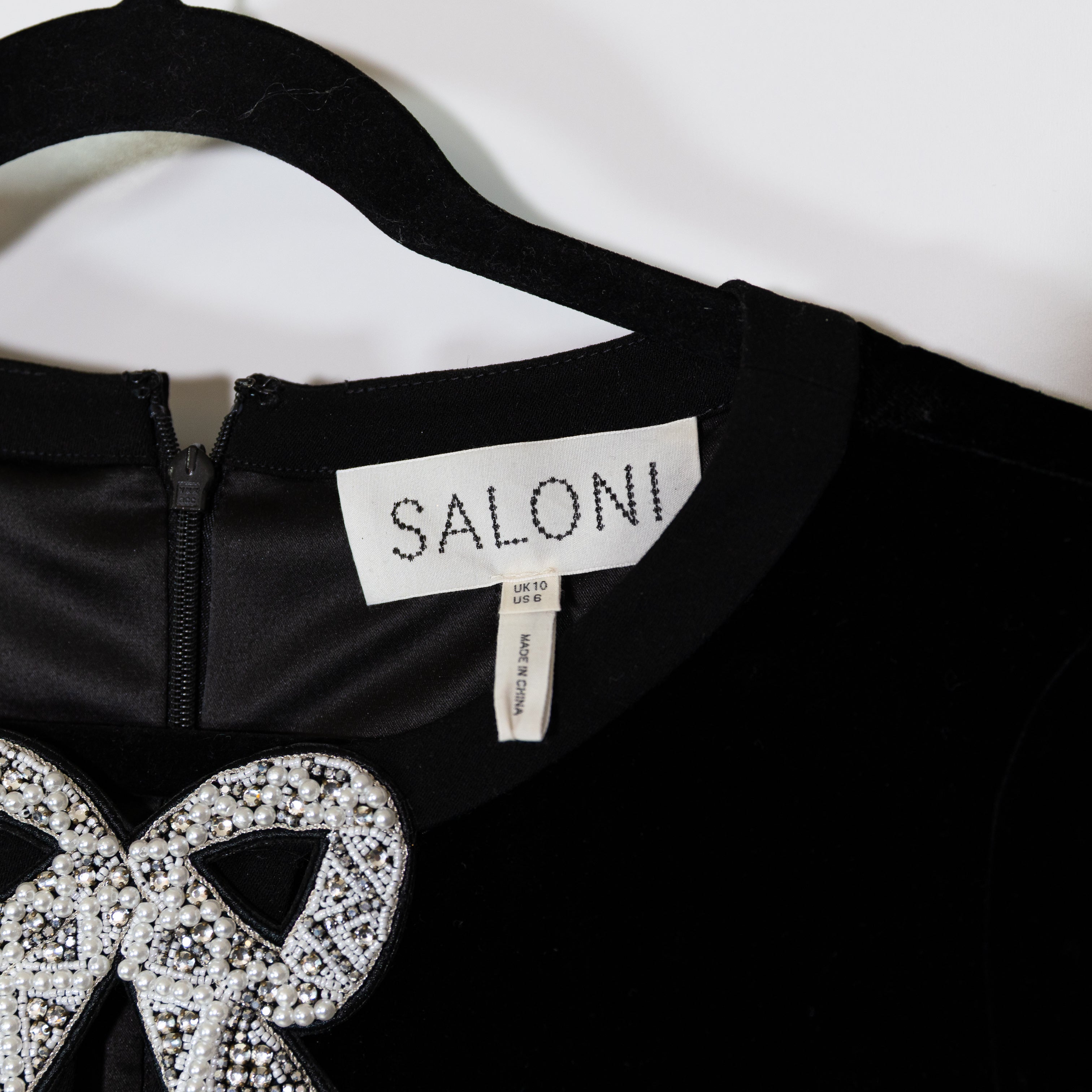 Saloni Camille Bow Crystal Jewel Rhinestone Embellished Velvet Velour Midi Dress