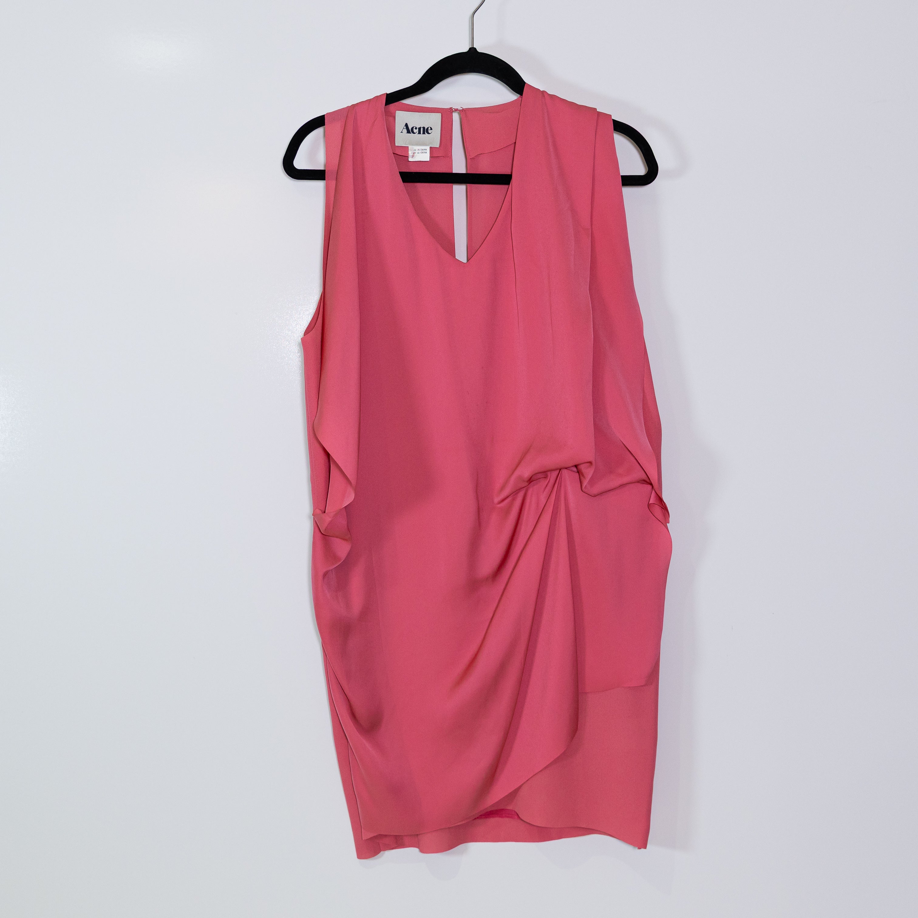 Acne Mallory Crepe Chiffon Sleeveless Pintuck Draped Ruched Mini Dress Pink M