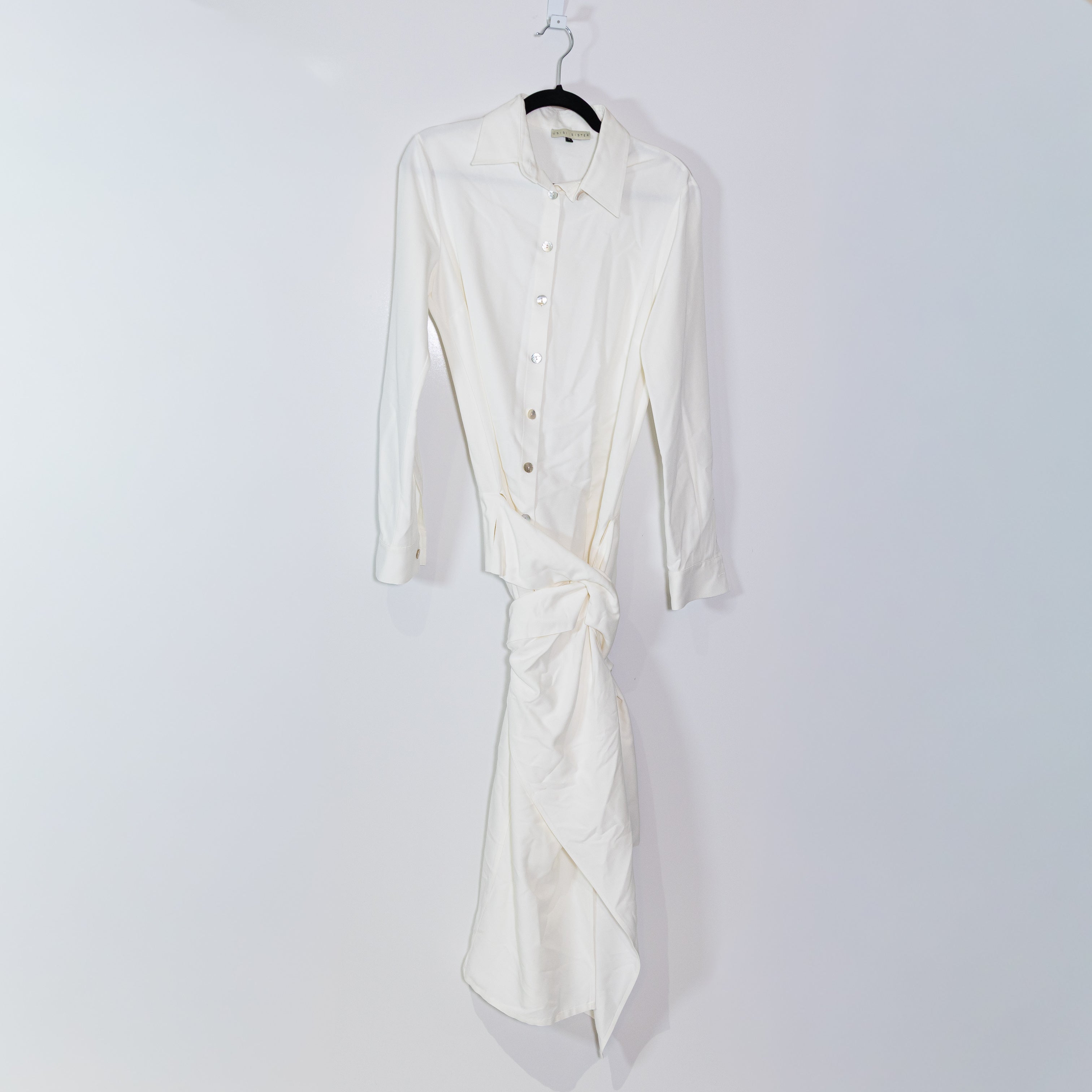 Usisi Sister Roanoke Collared Button Front Tie Twist Knit Shirt Dress White M