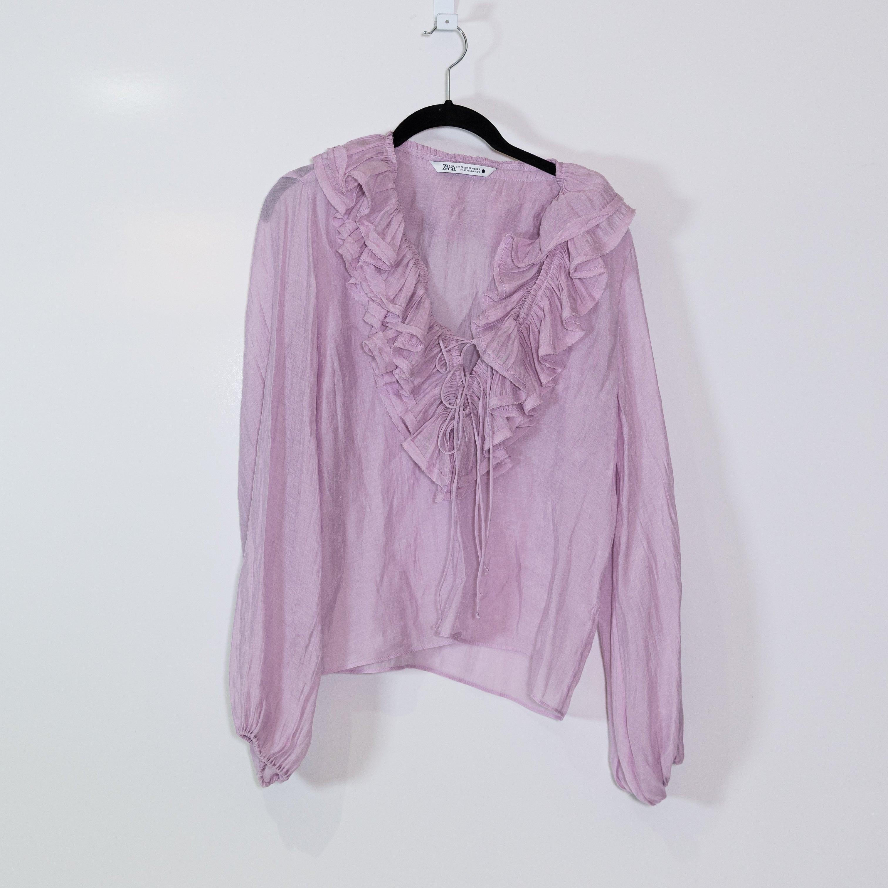 Zara Women's V Neck Flirty Ruffle Collar Long Sleeve Lightweight Blouse Purple M