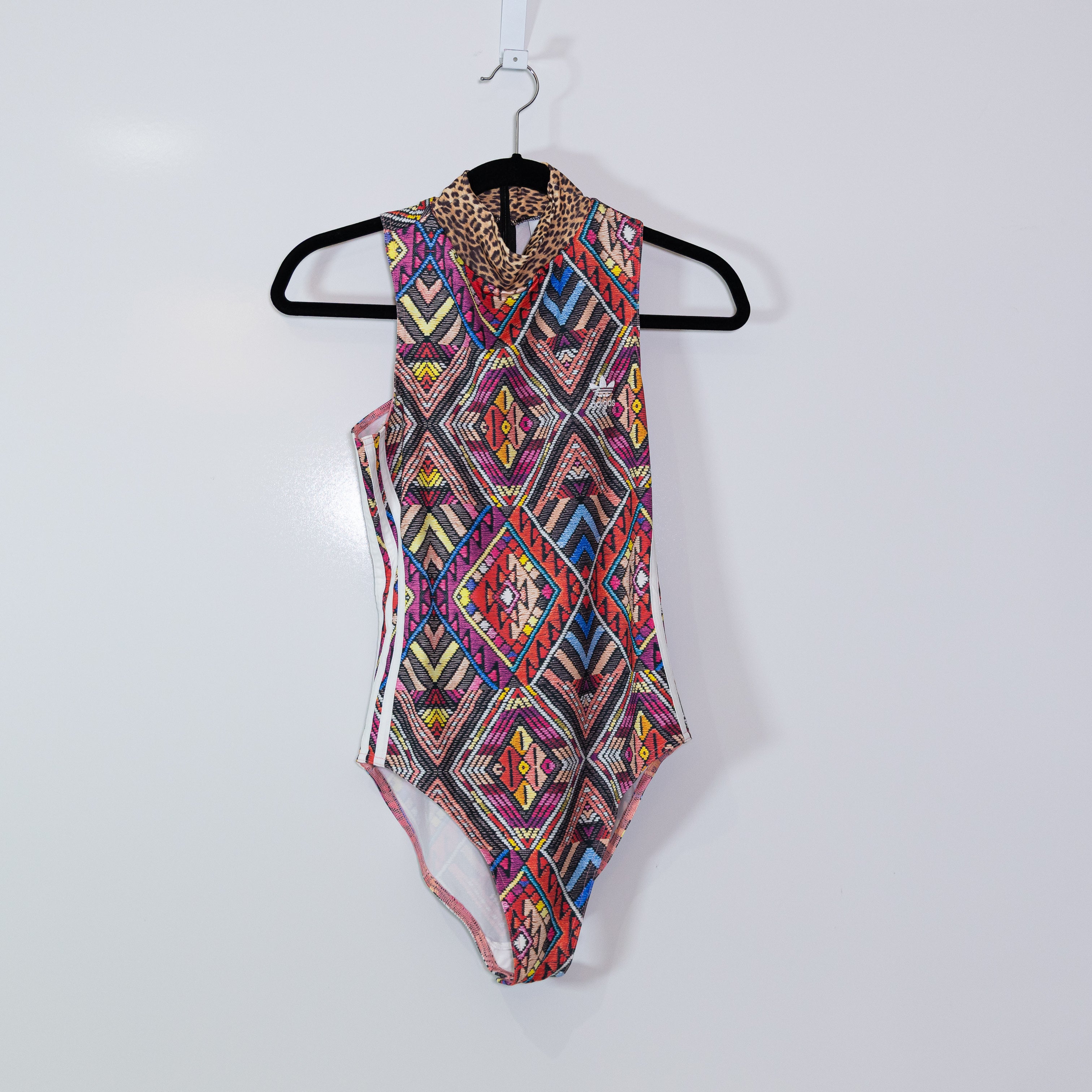 Adidas x Farm Rio Multi Color Print Pattern Sleeveless High Neck Bodysuit Shirt