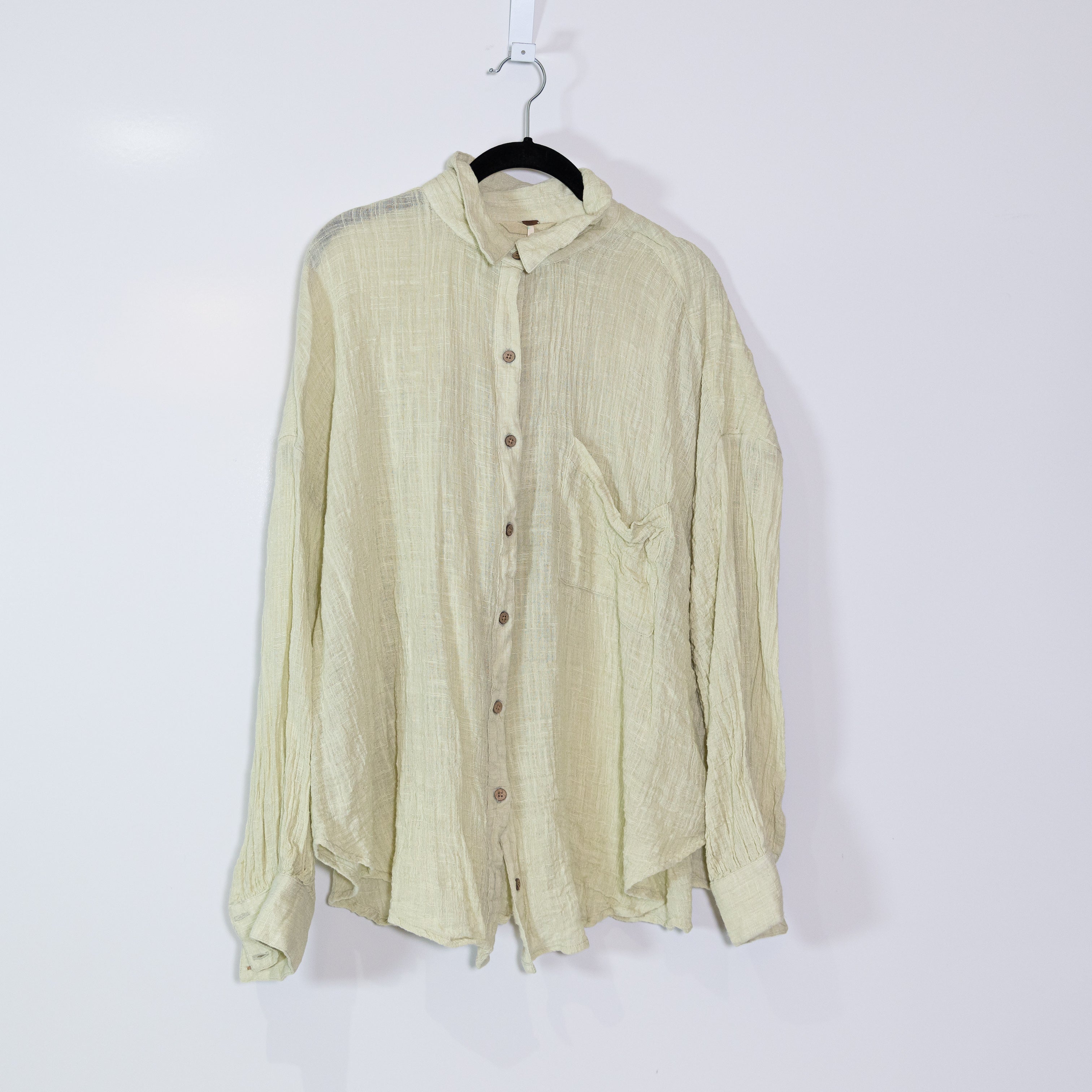 Free People Gisabelle Cotton Blend Textured Collared Button Down Blouse Green L