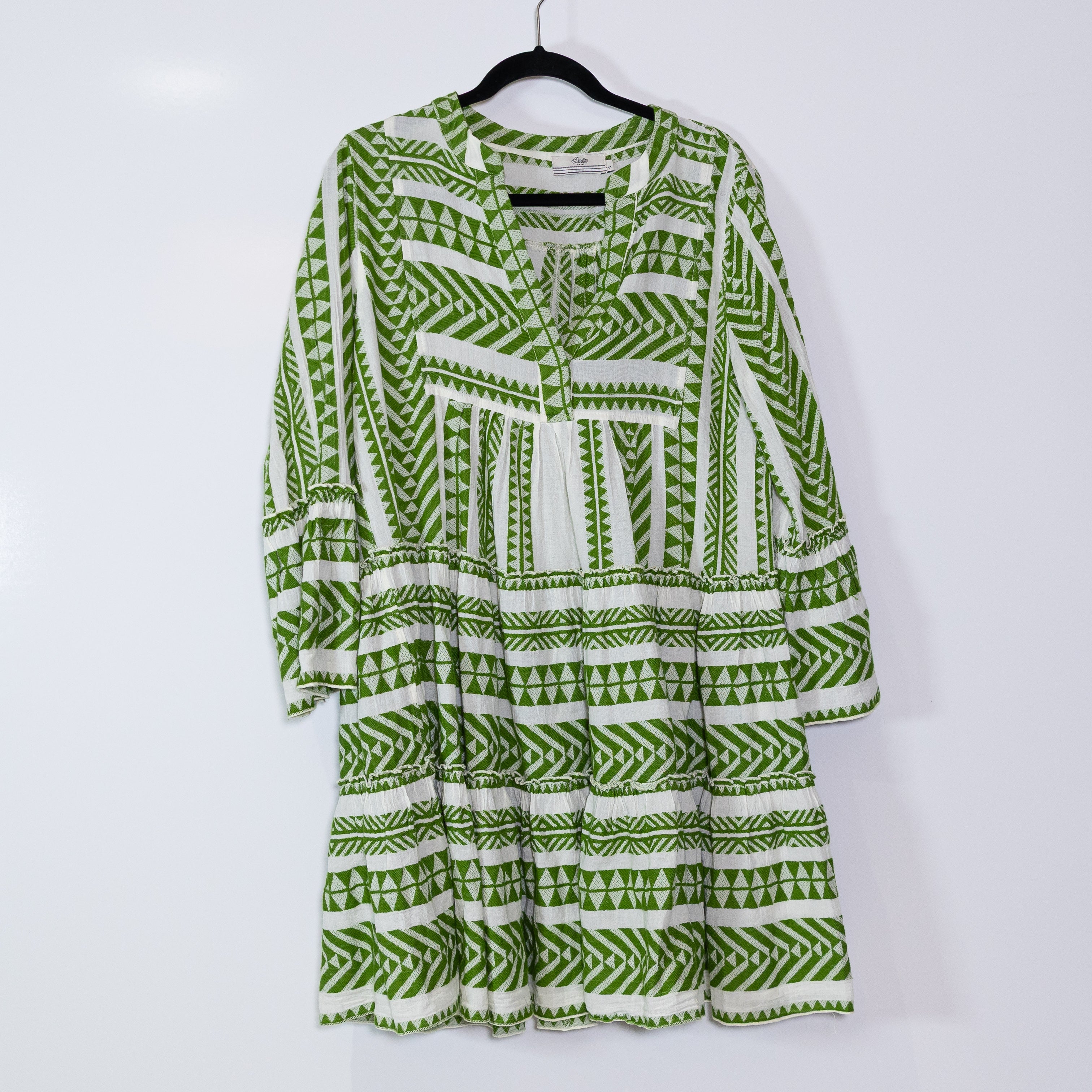 Devotion Twins Ella Cotton Blend V Neck Tiered Pullover Mini Dress Green White S